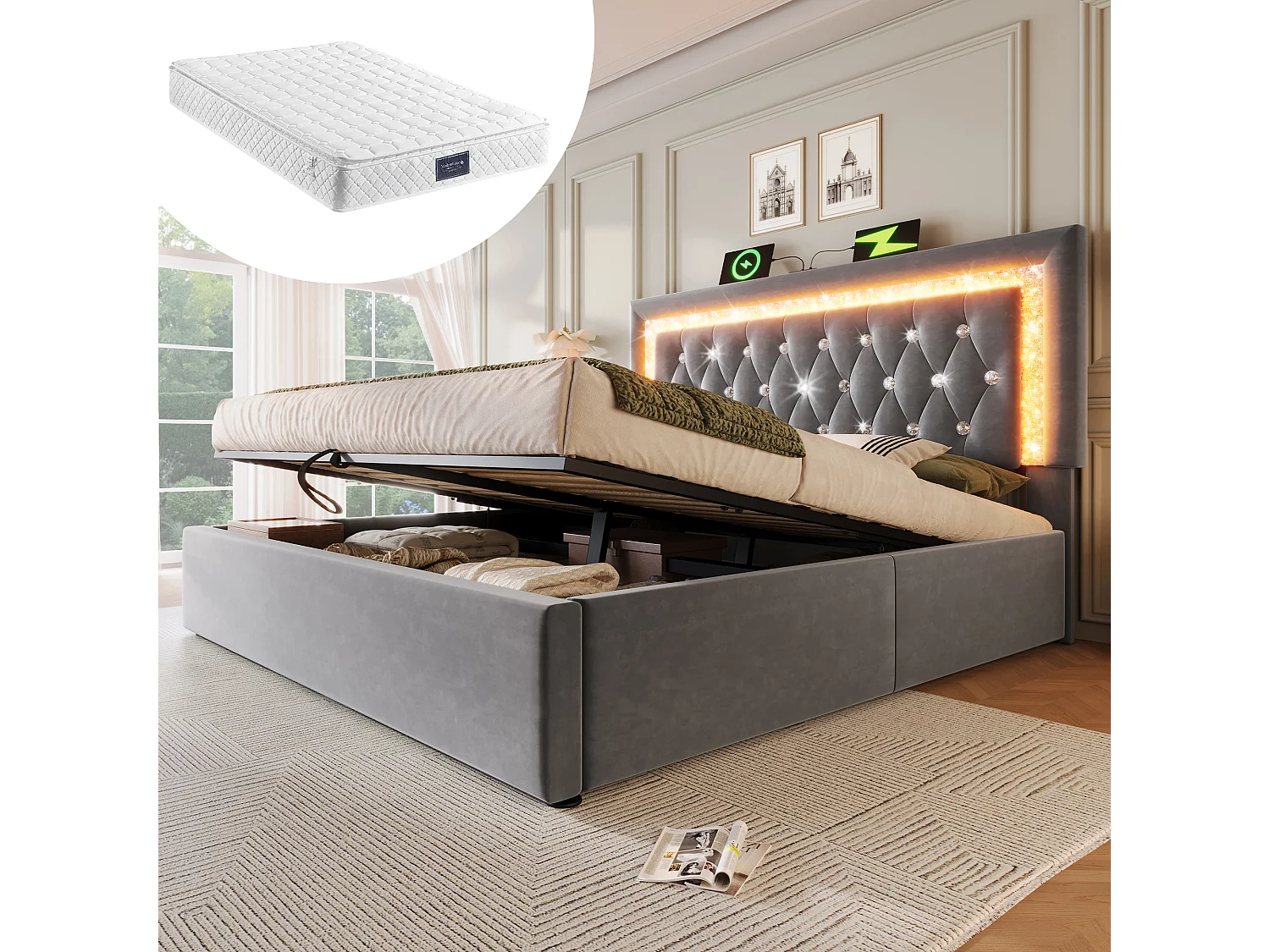 Łóżko tapicerowane dwuosobowe ze schowkiem - 140 x 200 cm - zagłówek z diodami LED + USB i Type-C - hydrauliczny schowek - welur - szary (z materacem) 4802696 - obrazek 1