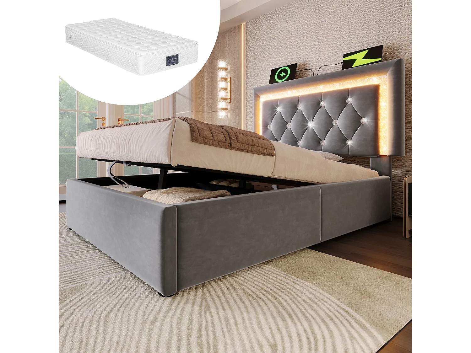 Łóżko tapicerowane, jednoosobowe, ze schowkiem - 90 x 200 cm - zagłówek z diodami LED + USB i Type-C - hydrauliczny schowek - welur - szary (z materacem) 4802698 - obrazek 1