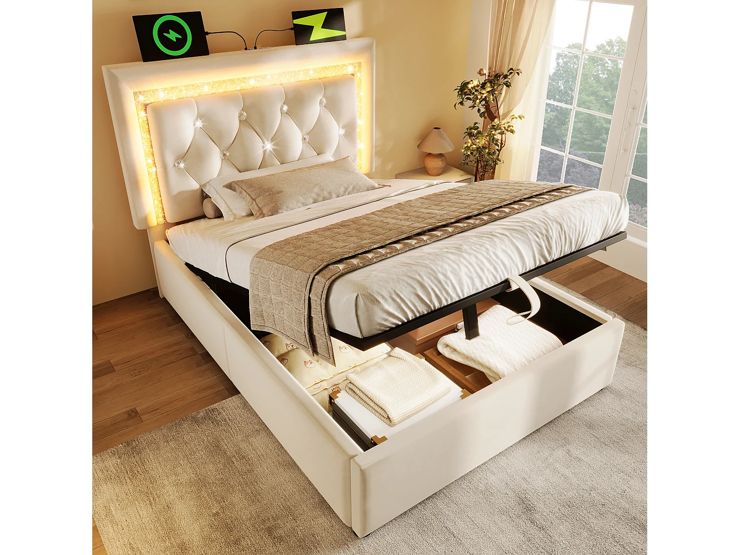 Łóżko tapicerowane, jednoosobowe, ze schowkiem - 90 x 200 cm - zagłówek z diodami LED + porty USB i typu C - hydrauliczny schowek - aksamit - beż 4802693 - obrazek 1