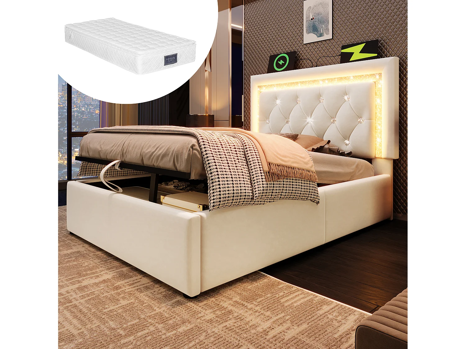 Łóżko tapicerowane, jednoosobowe, ze schowkiem - 90 x 200 cm - zagłówek z diodami LED + porty USB i typu C - schowek hydrauliczny - aksamit - beżowe (z materacem) 4802694 - obrazek 1