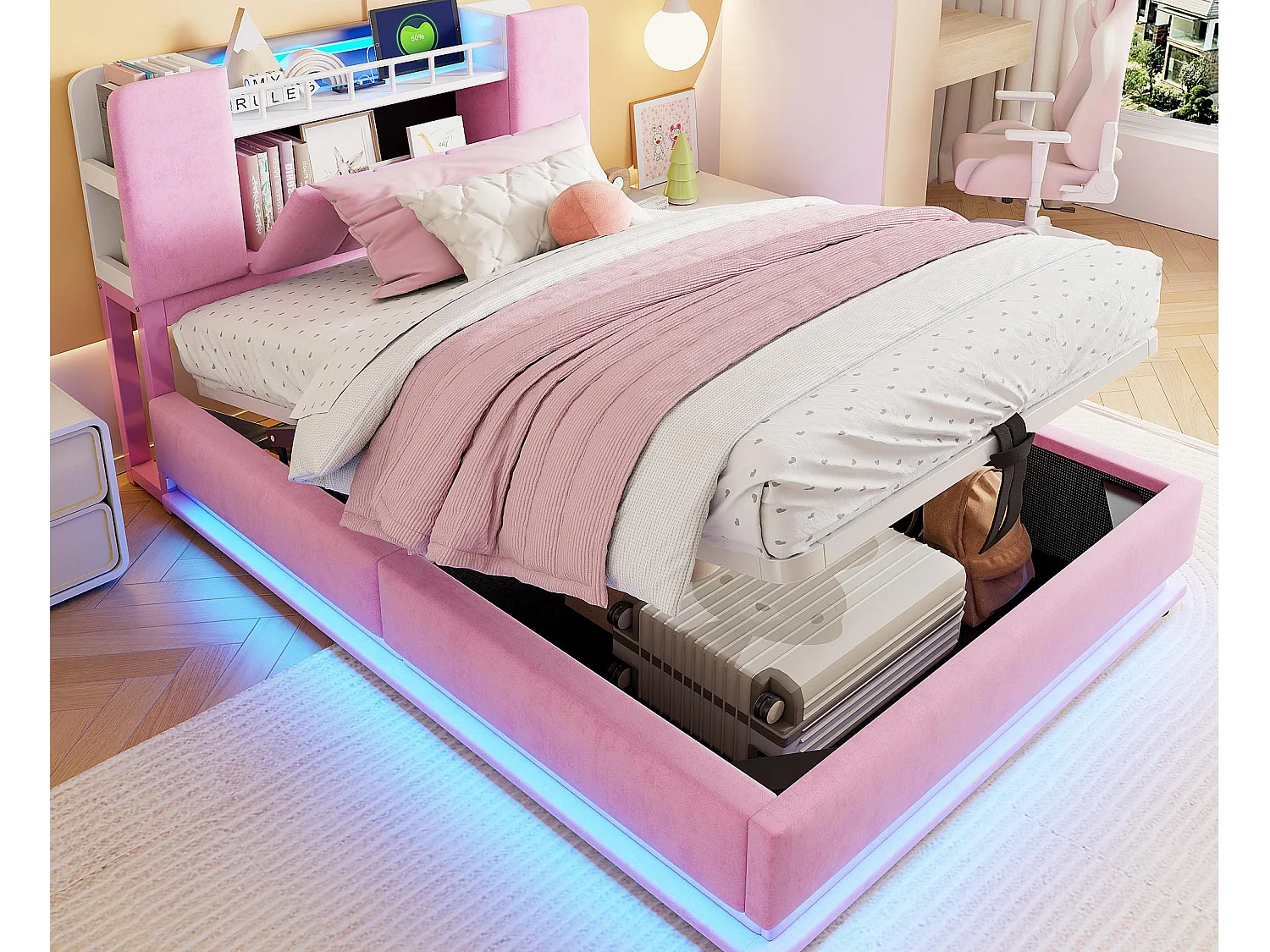 Łóżko tapicerowane ze schowkiem 90×200 cm – z oświetleniem LED – z portem USB – welur – różowy​ (materac nie jest wliczony w cenę) 4806078