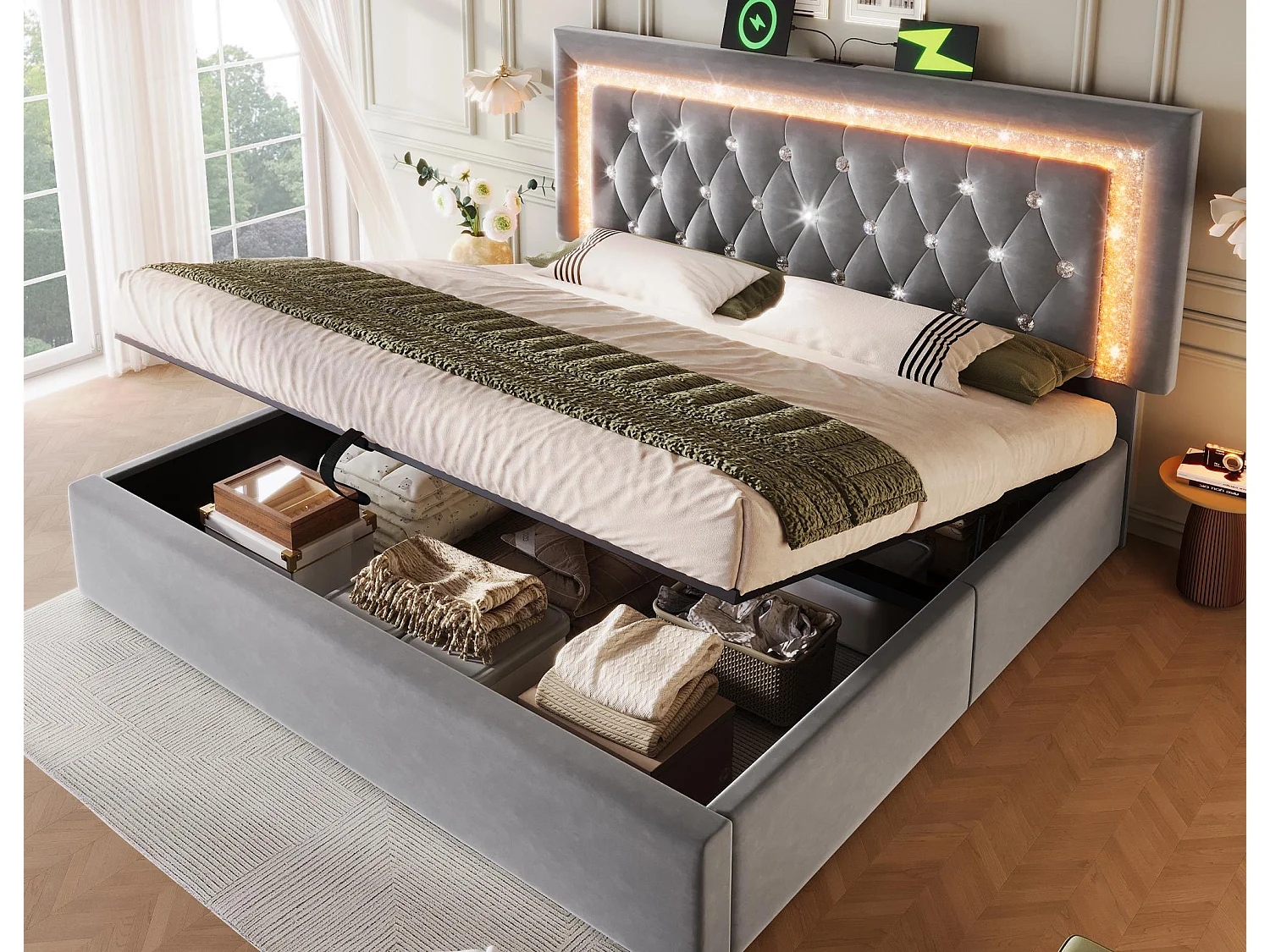 Łóżko tapicerowane ze schowkiem 140x200cm z weluru - z oświetleniem LED - z portami USB i Type-C - z stelażem lamelowym - Szary​ (bez materaca) 4806087 - obrazek 1