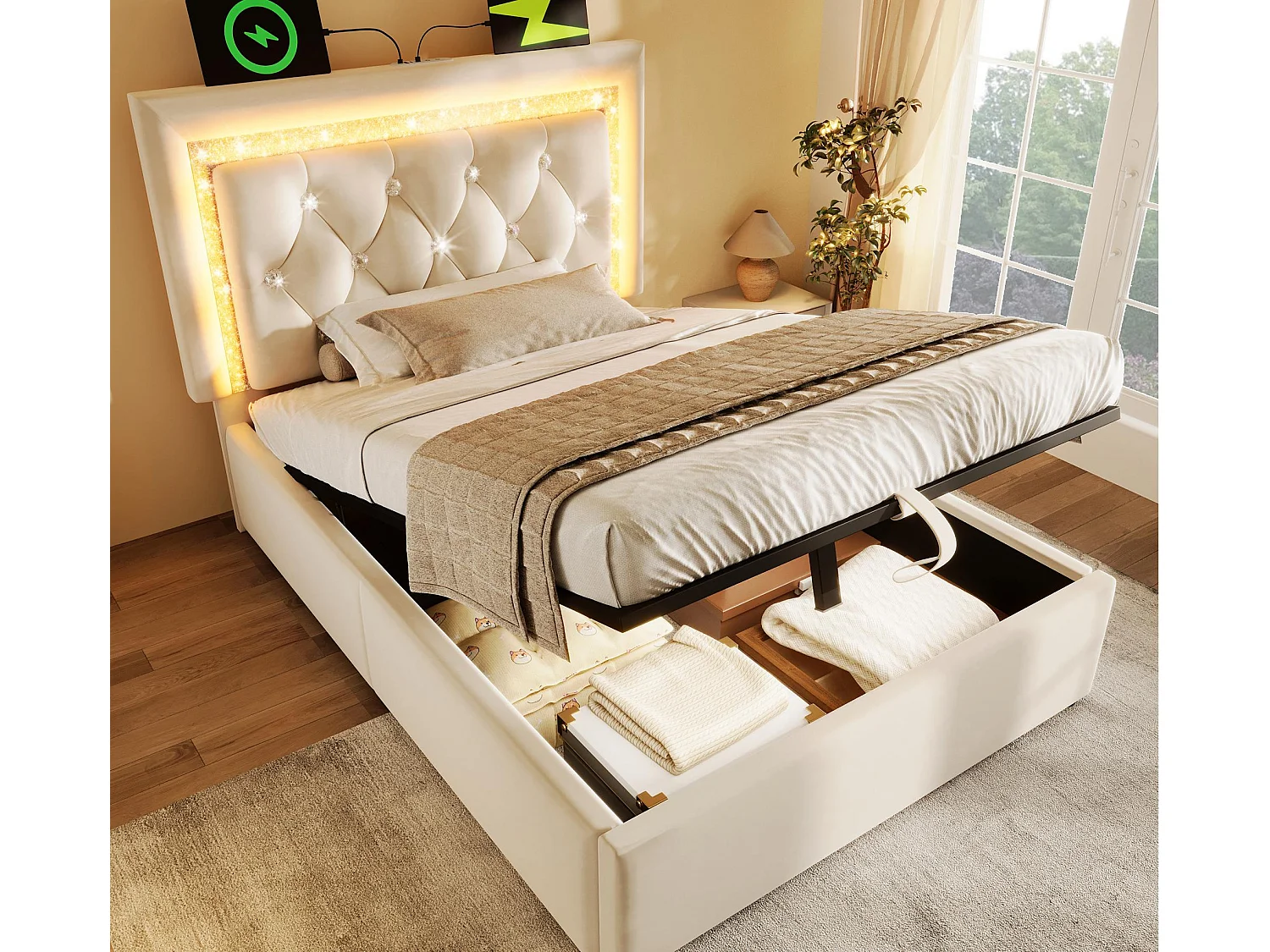 Łóżko tapicerowane ze schowkiem 90x200cm z weluru - z oświetleniem LED - z portami USB i Type-C - z stelażem lamelowym - Beżowy (bez materaca) 4806107 - obrazek 1