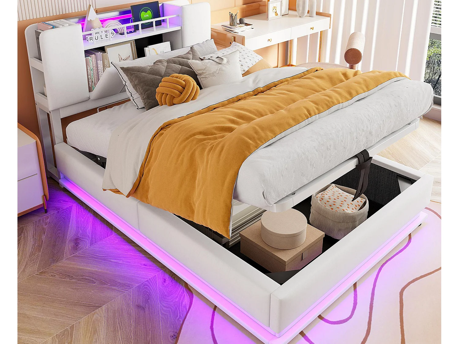 Łóżko tapicerowane ze schowkiem 90x200 cm - z oświetleniem LED - z portem USB - welur - beżowy (materac nie jest wliczony w cenę) 4806114 - obrazek 1