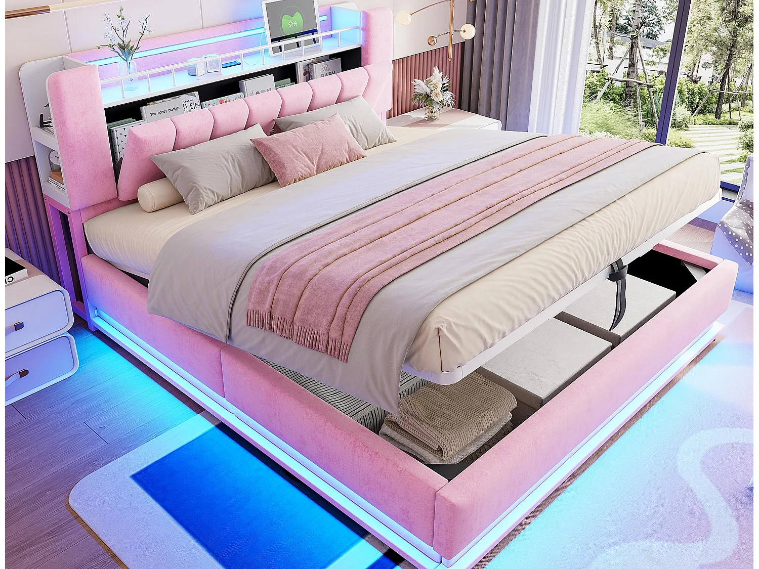 Łóżko tapicerowane ze schowkiem 180x200 cm - z oświetleniem LED - z portem USB - welur - różowy​ (materac nie jest wliczony w cenę) 4806116 - obrazek 1