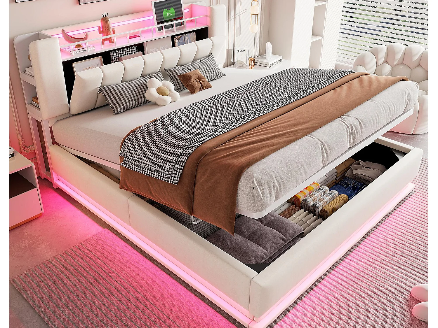 Łóżko tapicerowane ze schowkiem 180×200 cm – z oświetleniem LED – z portem USB – welur – beżowy​ (materac nie jest wliczony w cenę) 4806124
