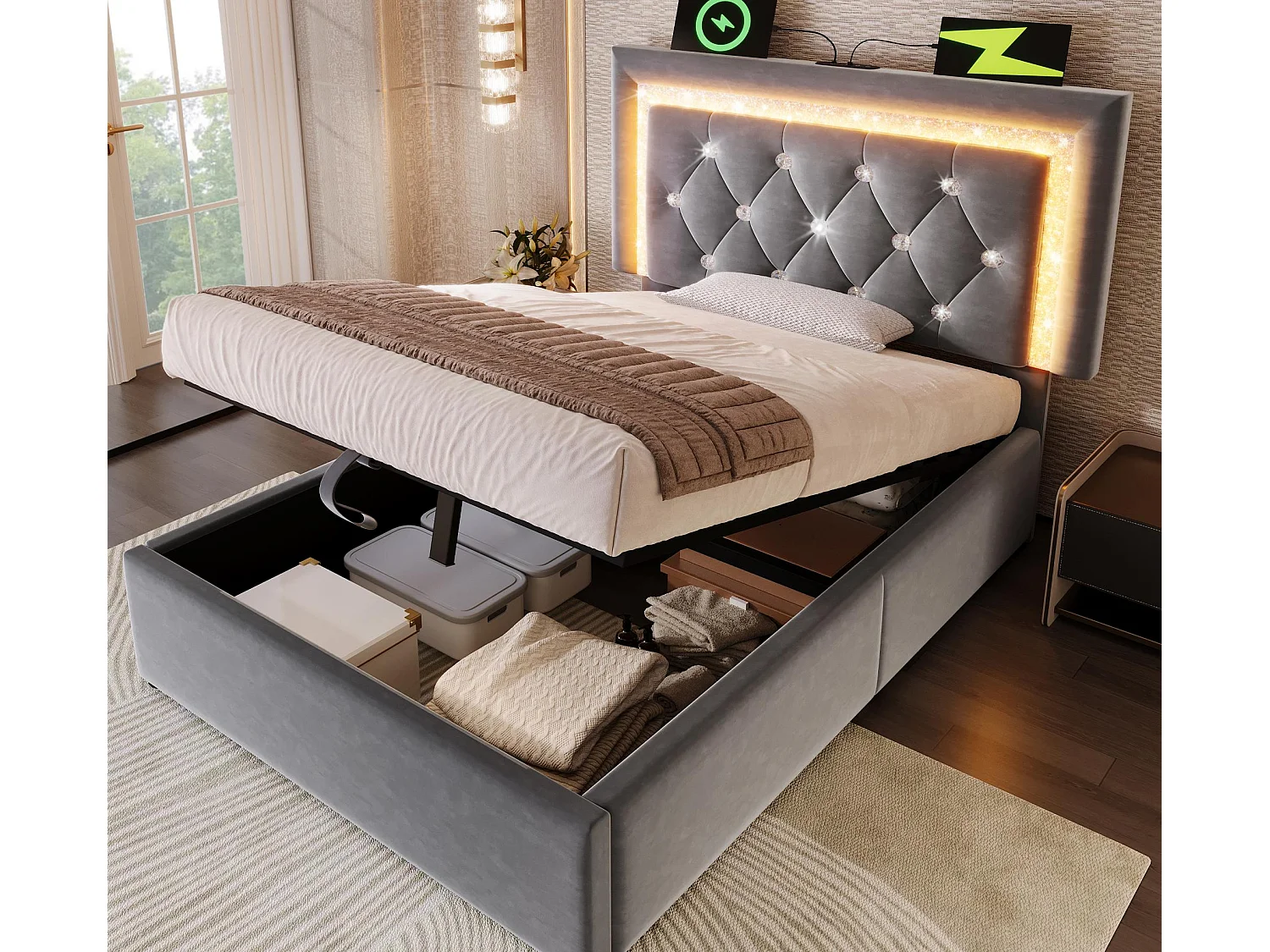 Łóżko tapicerowane ze schowkiem 90x200cm z weluru - z oświetleniem LED - z portami USB i Type-C - z stelażem lamelowym - Szary​ (bez materaca) 4806125 - obrazek 1
