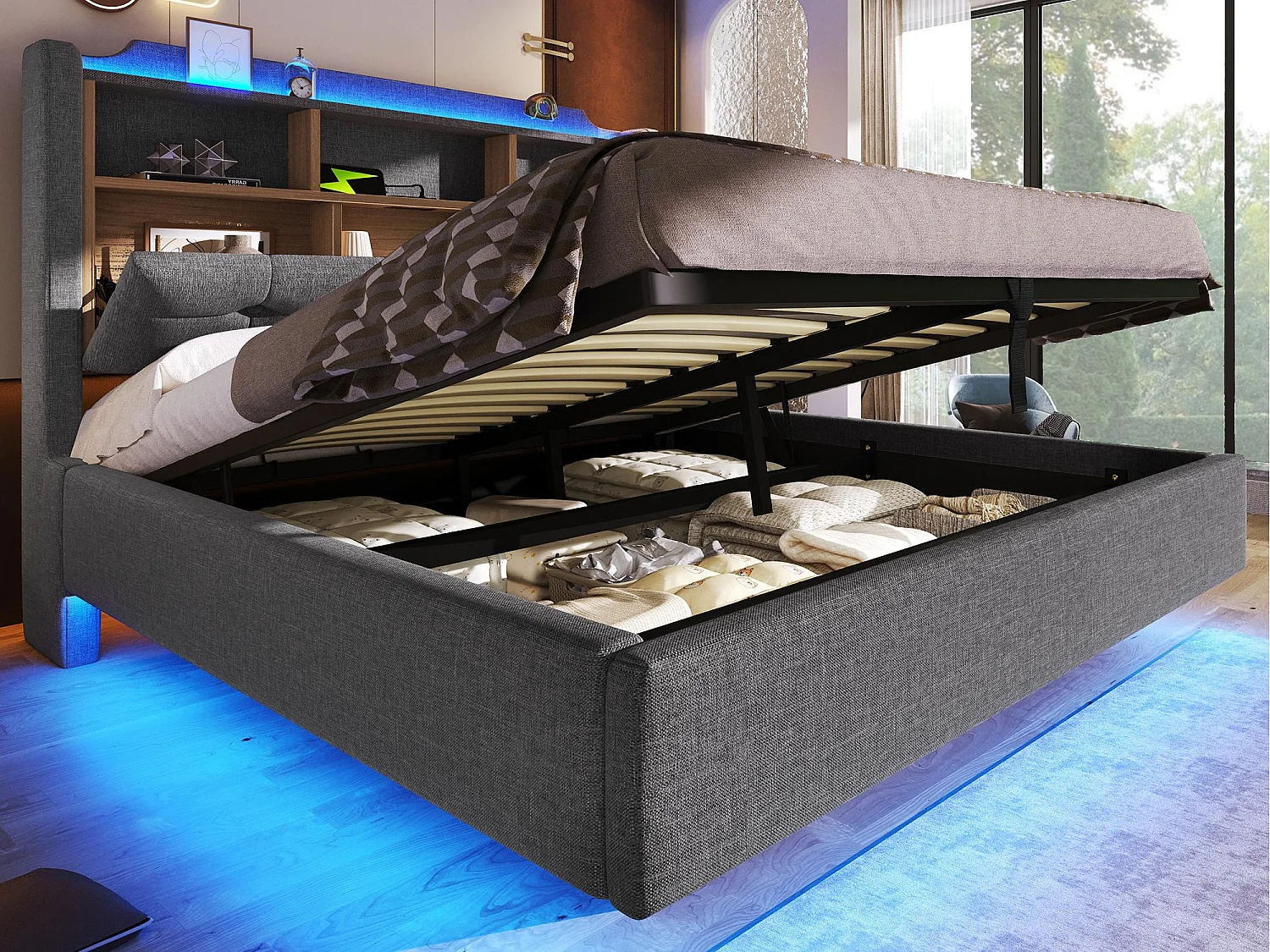 Łóżko tapicerowane ze schowkiem 140x200 cm - z oświetleniem LED - wyposażone w interfejs USB + Type-C - tkanina lniana - szary (materac nie jest wliczony w cenę) 4806132 - obrazek 1