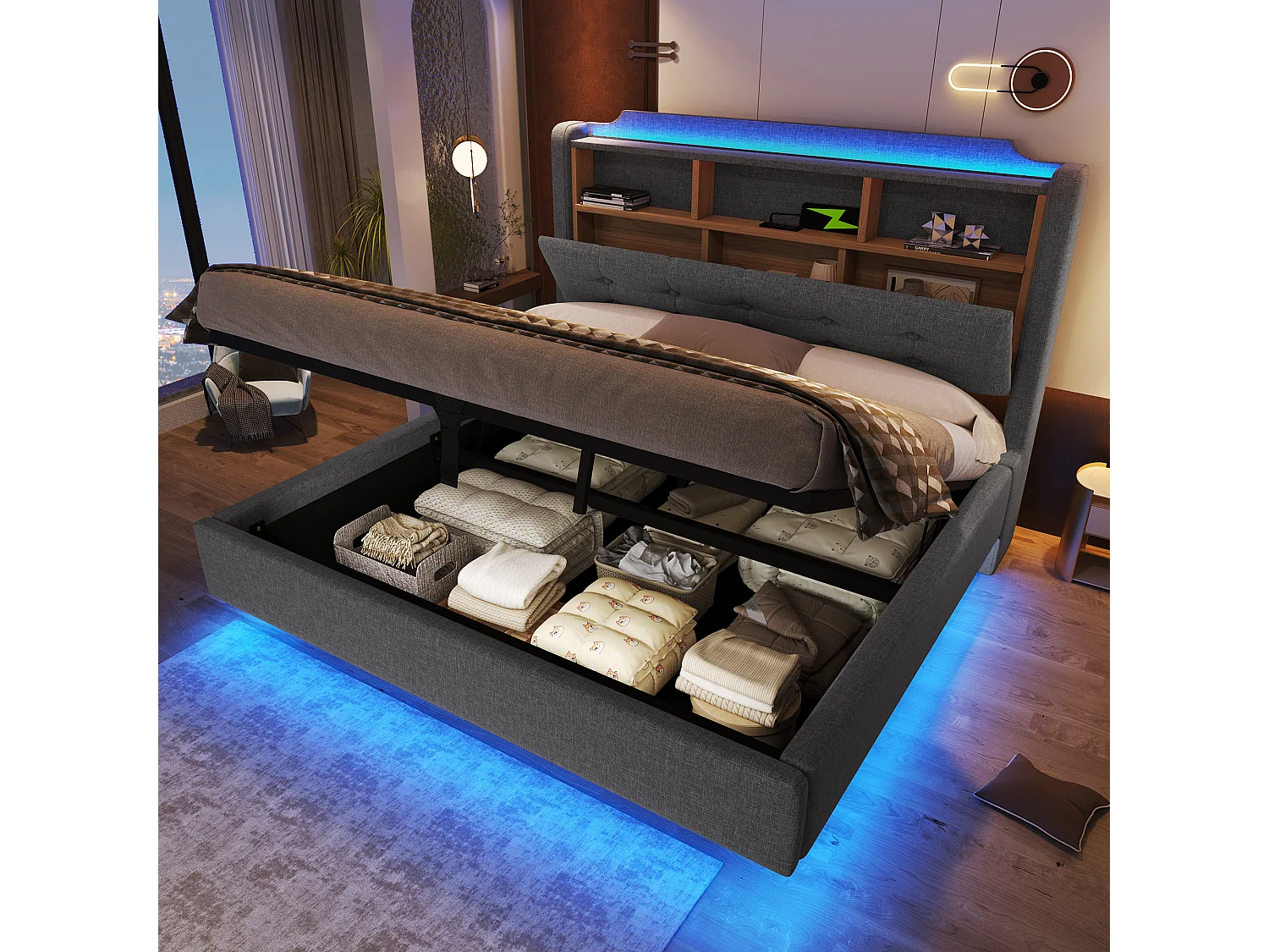 Łóżko tapicerowane hydrauliczne ze schowkiem - 140 x 200 cm - z diodami LED i USB - zagłówek ze schowkiem - len - szary 4810045 - obrazek 1