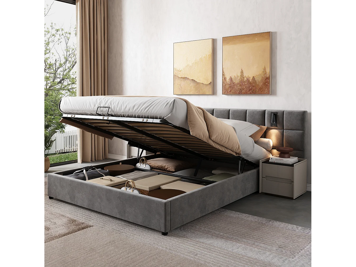 Łóżko tapicerowane z hydraulicznym schowkiem – 160 x 200 cm – z lampką + portem USB – zagłówek wyściełany – aksamit – szary 4811611