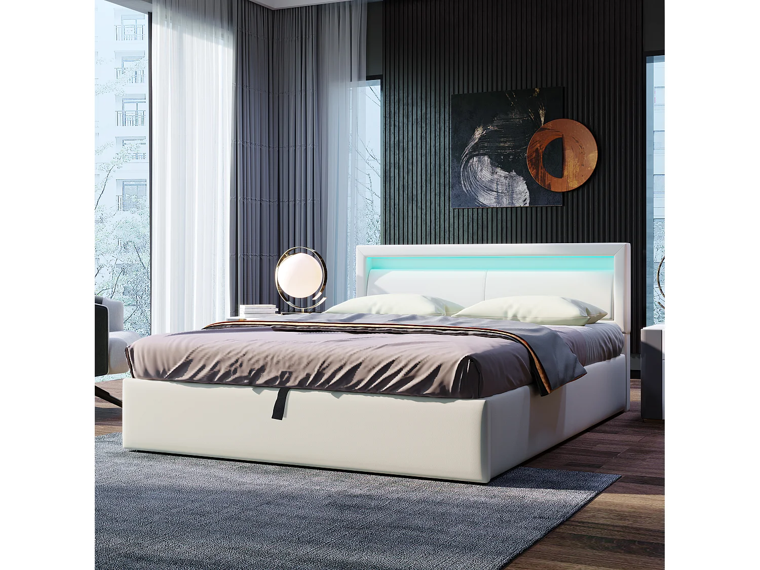 Łóżko tapicerowane dwuosobowe ze schowkiem - 140 x 200 cm - z diodami LED + stelaż z listew + hydrauliczny schowek - PU - białe 4811624 - obrazek 1