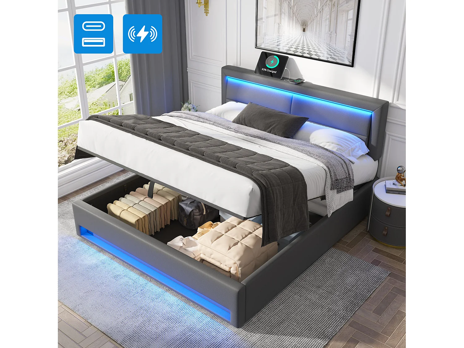 Łóżko tapicerowane ze schowkiem - 160 x 200 cm - z USB + LED + hydrauliczny schowek - PU - szare 4811627 - obrazek 1