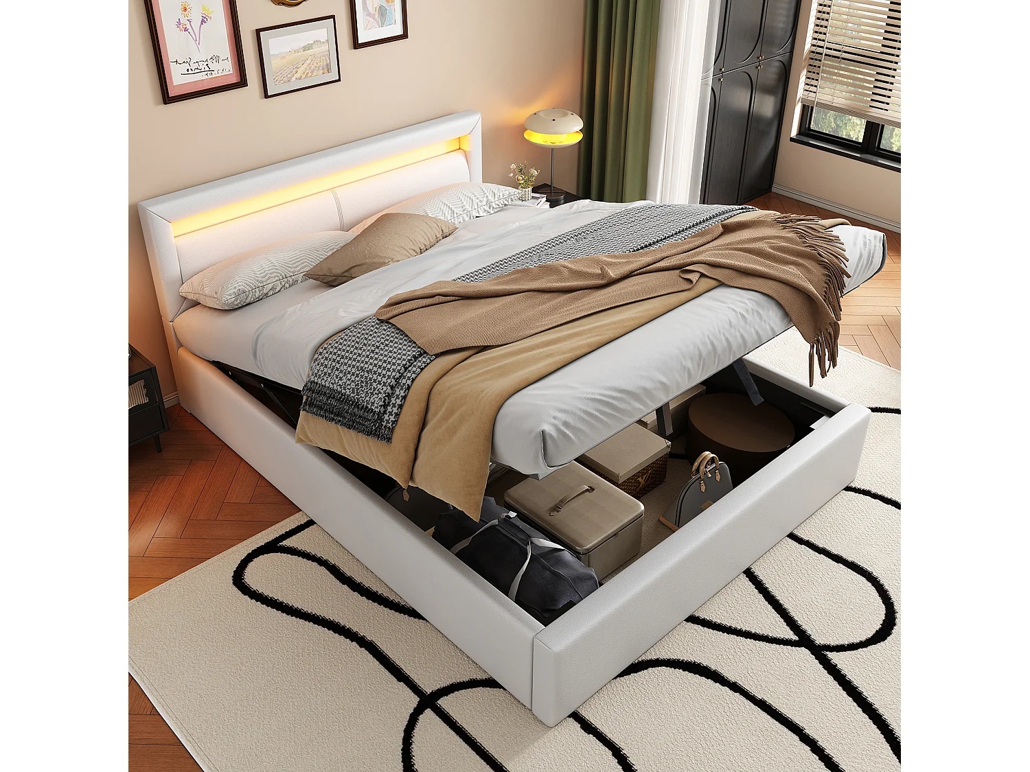 Łóżko tapicerowane z pojemnikiem - 140 x 190 cm - zagłówek z diodami LED - z podstawą z listew - PU - białe 4811629 - obrazek 1