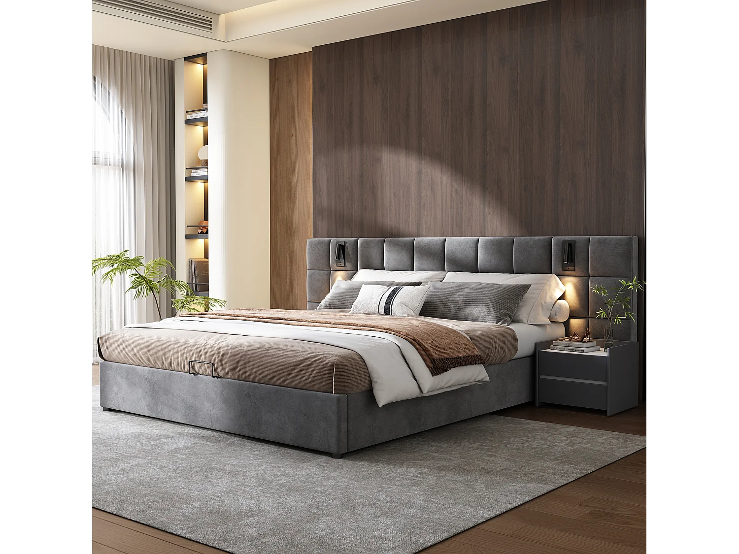 Łóżko tapicerowane z hydraulicznym schowkiem - 180 x 200 cm - z lampką + portem USB - zagłówek wyściełany - aksamit - szary 4811634 - obrazek 1
