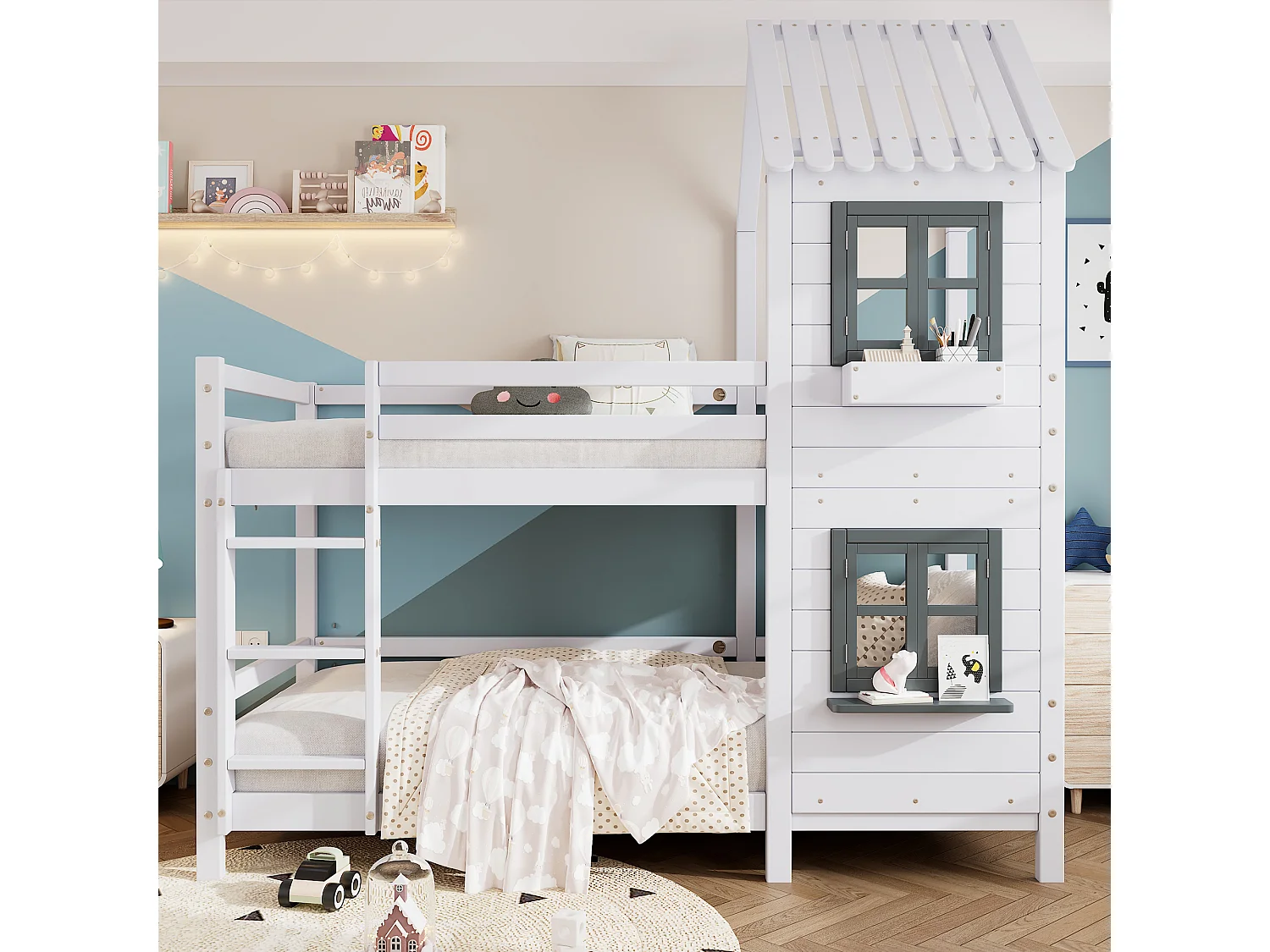 Łóżko piętrowe dwuosobowe - 2 x 90 x 200 cm - ze schodami, oknem i stelażem - drewno + MDF - białe 4814496 - obrazek 1