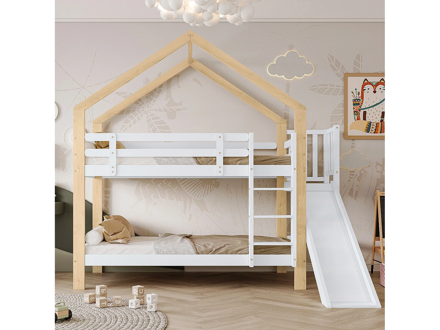 Łóżko piętrowe dwuosobowe – 2 x 90 x 200 cm – z drabinką, zjeżdżalnią i stelażem z listew – drewno i płyta MDF – kolor naturalny i biały 4814491