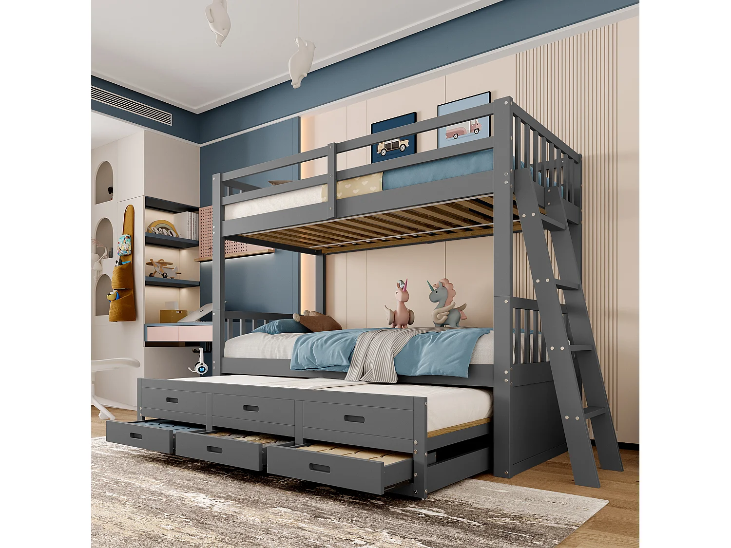 Łóżko piętrowe z łóżkiem wysuwanym dla dzieci, 3 miejsca - 2 x 90 x 200 cm - z 3 szufladami - sosna i płyta MDF - szare 4814497 - obrazek 1