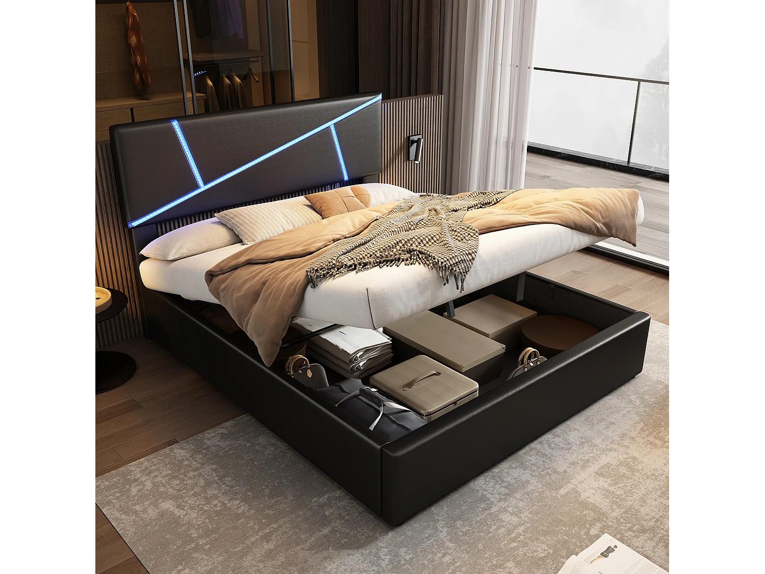 Łóżko tapicerowane ze schowkiem - 140 x 200 cm - z zagłówkiem + oświetlenie LED - schowek hydrauliczny - czarne 4814505 - obrazek 1