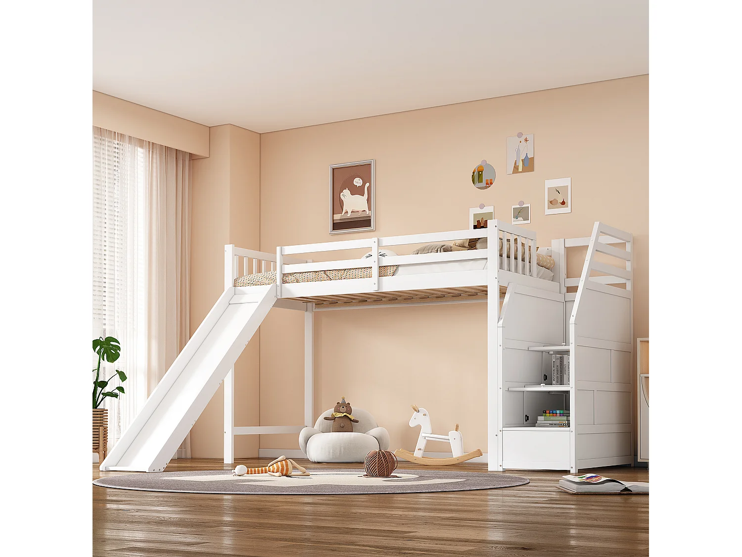 Łóżko piętrowe dla dzieci - 90 x 200 cm - ze schodkami do przechowywania i zjeżdżalnią - drewniane - białe 4814510 - obrazek 1