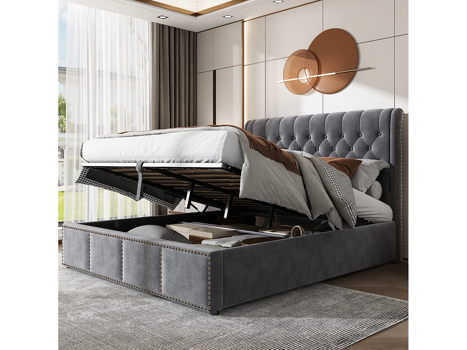 Łóżko tapicerowane z hydraulicznym schowkiem – 140 x 190 cm – z zagłówkiem – welur – szare 4814531