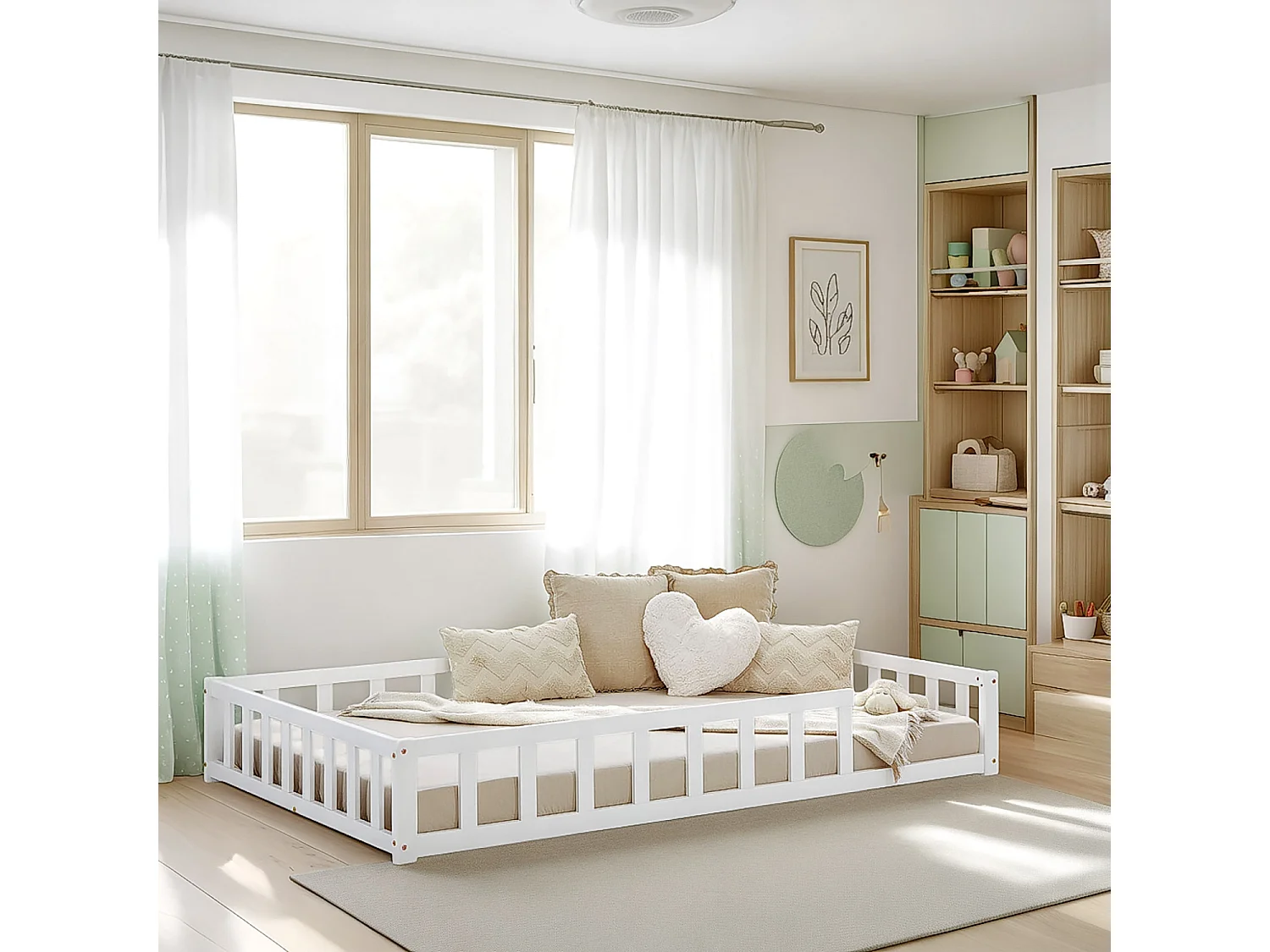 Łóżko podłogowe dla malucha 120x200 cm białe, łóżko Montessori z barierkami 4644420 - obrazek 1