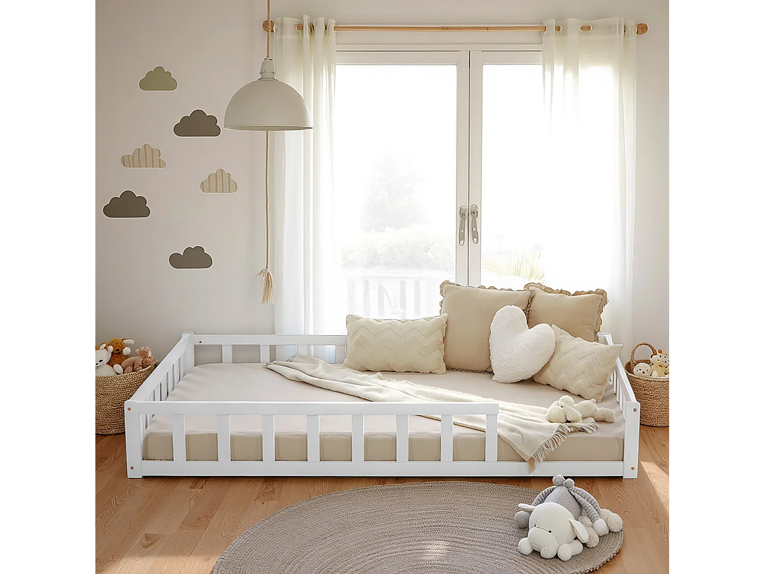 Łóżko podłogowe dla malucha 120x200 cm białe łóżko Montessori z barierkami 4644399 - obrazek 1