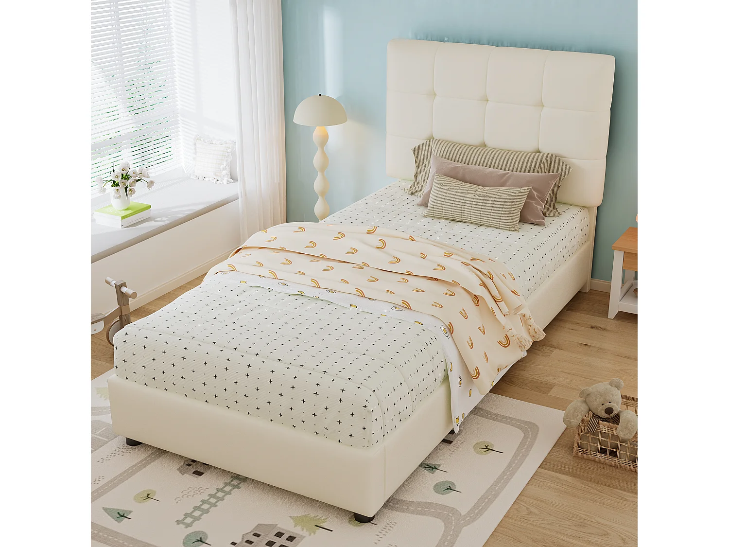 Łóżko tapicerowane dla dzieci 1-osobowe - 90 x 200 cm - z miękkim zagłówkiem i oparciem - PU + żelazo + pianka + sklejka - beżowe 4815419 - obrazek 1