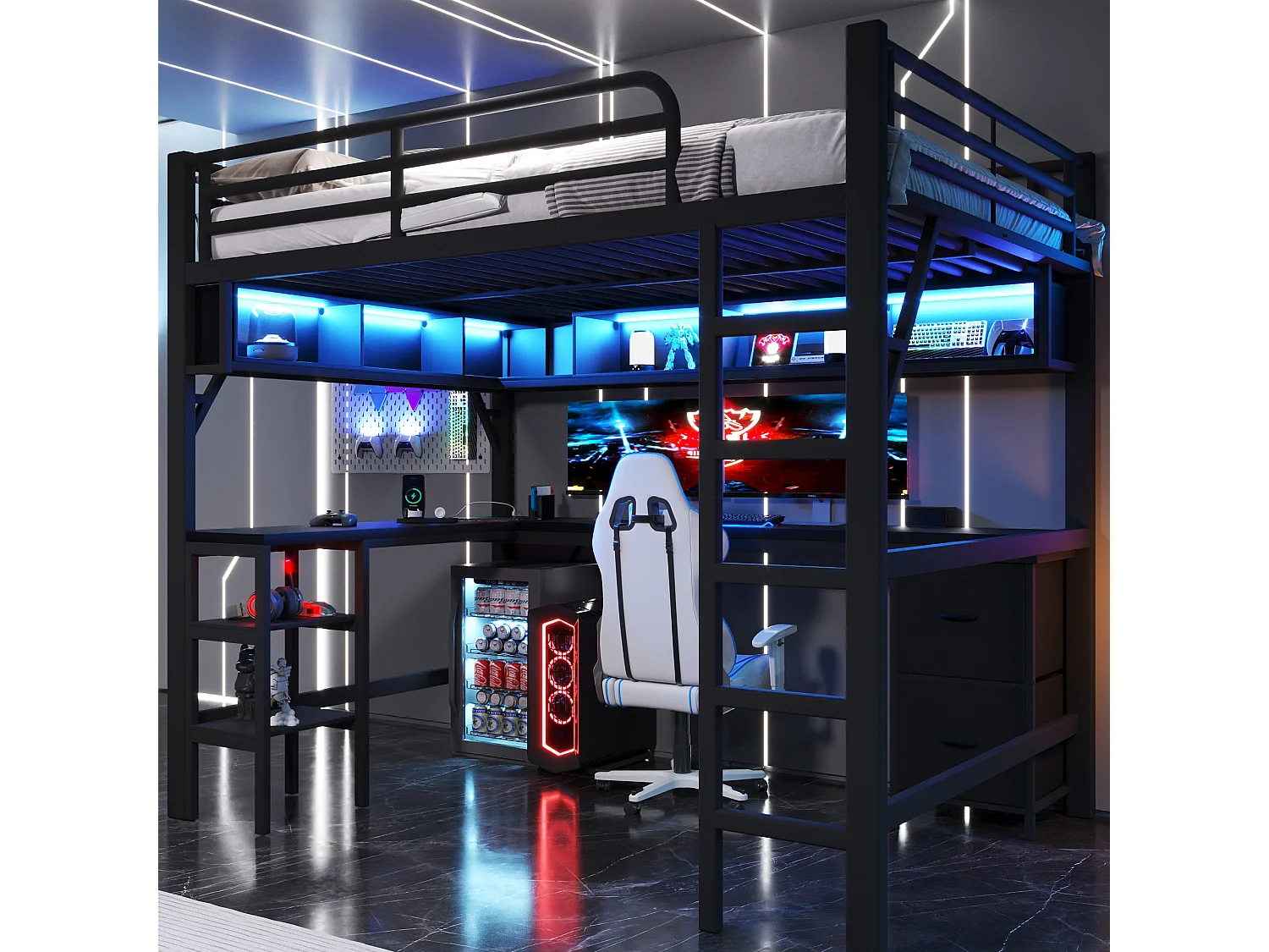 Łóżko piętrowe metalowe dla dzieci - 140 x 200 cm - z regałem + biurkiem + szafą + USB + diodami LED - czarne 4815435 - obrazek 1
