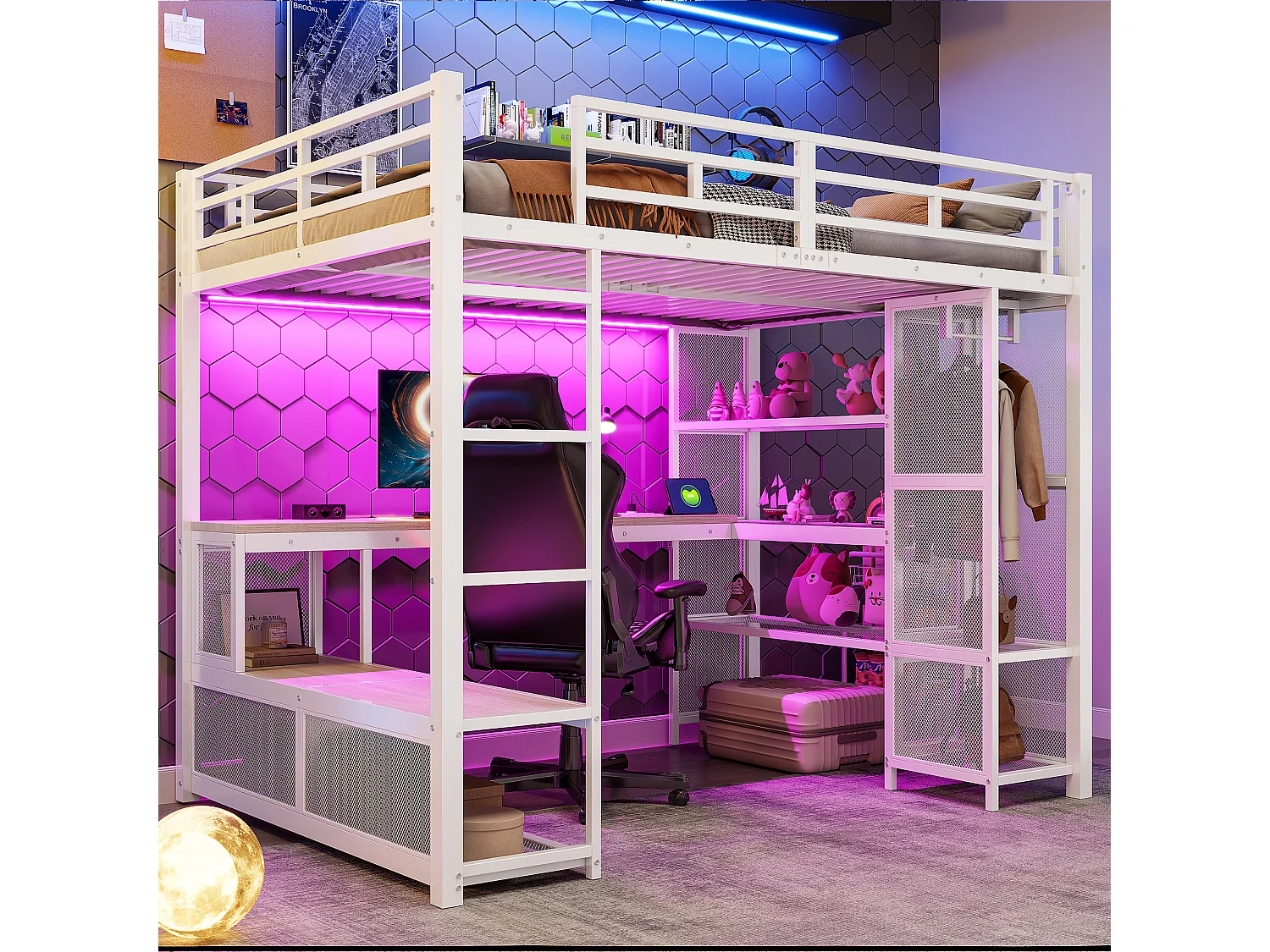 Łóżko piętrowe metalowe dla dzieci - 140 x 200 cm - z biurkiem + półką + otwartą szafą + portem USB + diodami LED - białe 4815437 - obrazek 1