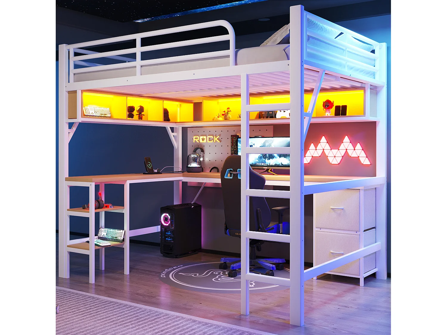 Łóżko piętrowe metalowe dla dzieci - 140 x 200 cm - z regałem + biurkiem + szafą + USB + diodami LED - białe 4815455 - obrazek 1
