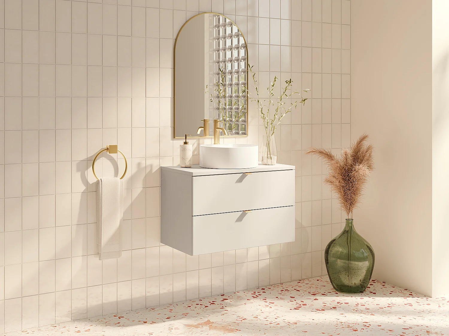 Wisząca szafka łazienkowa z okrągłą umywalką nablatową – Beżowa – 80 cm – LAVENA 4819932