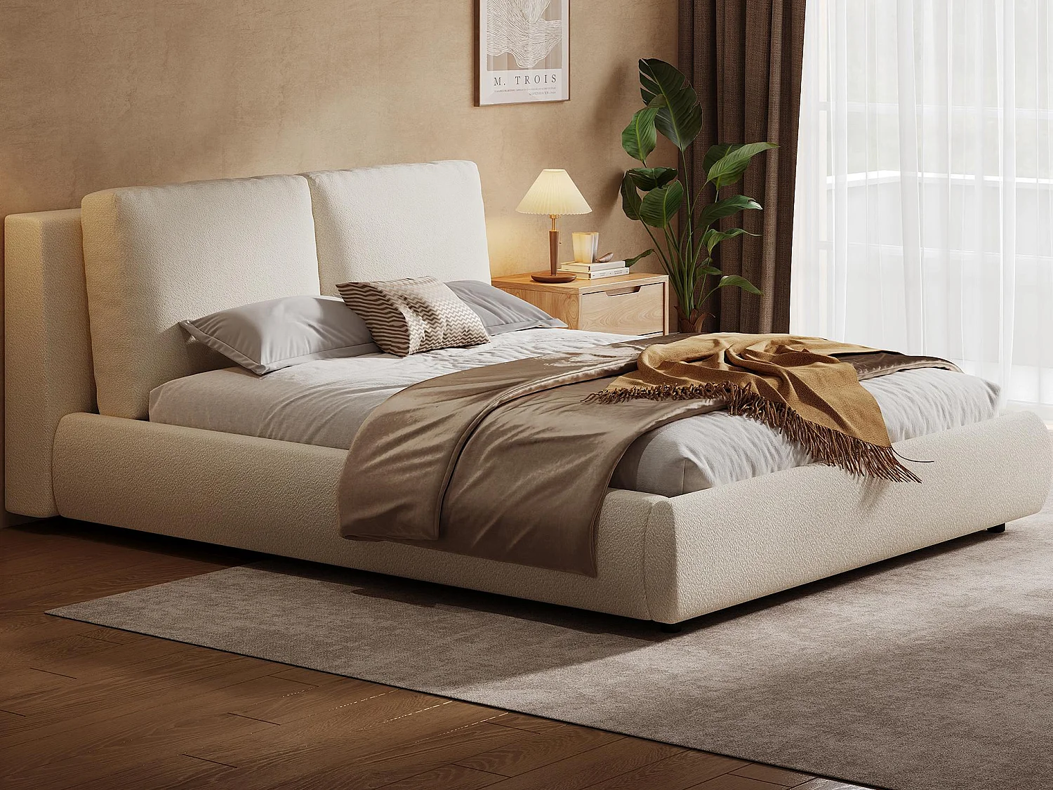 Łóżko tapicerowane z funkcją przechowywania 180×200 cm – z stelażem lamelowym – Tkanina typu bouclé – Beżowy​ (bez materaca) 4823382