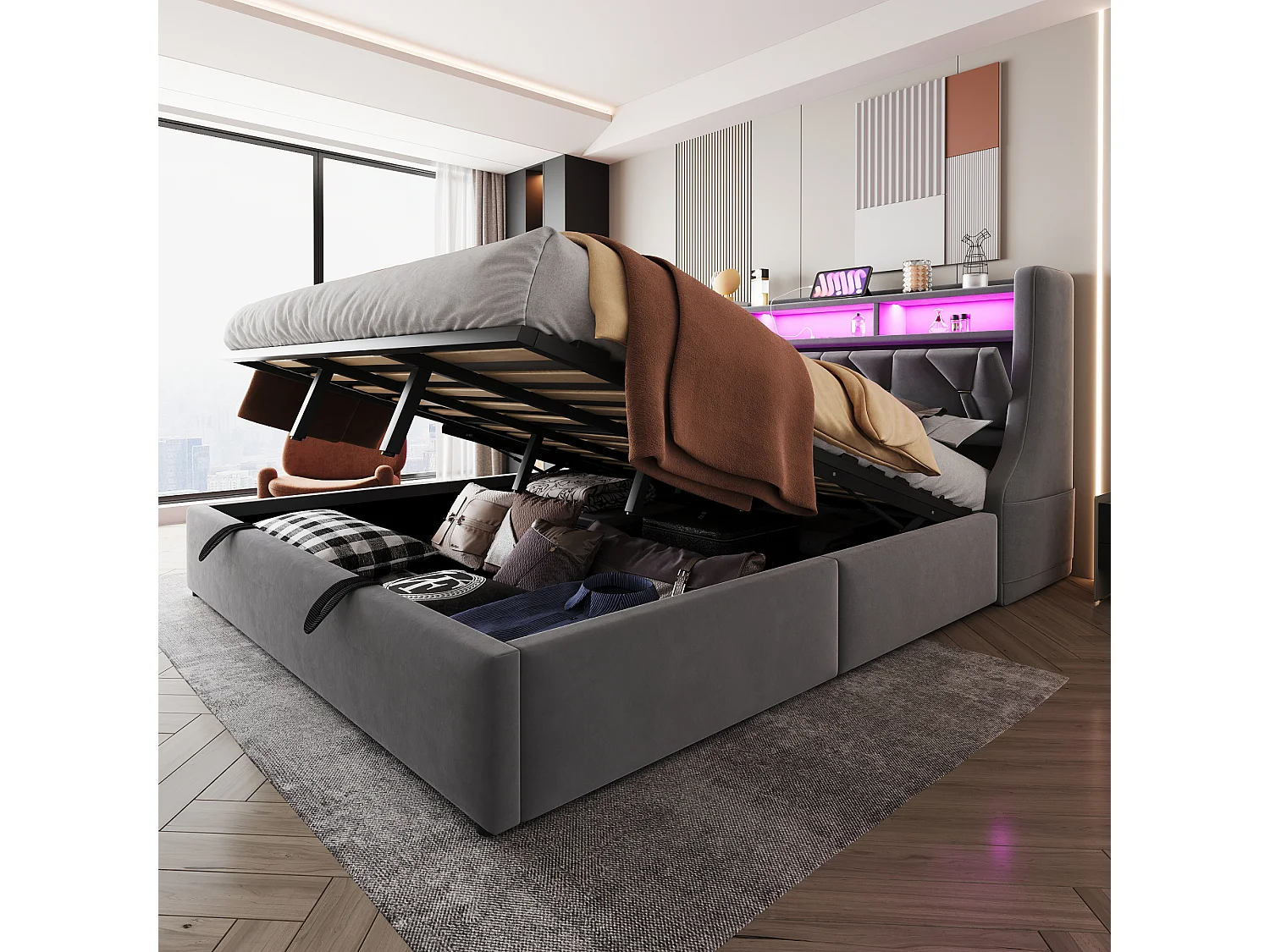 Łóżko tapicerowane ze schowkiem - 180 x 200 cm - hydrauliczne - składany zagłówek ze schowkiem + diody LED - MDF - szare 4824885 - obrazek 1