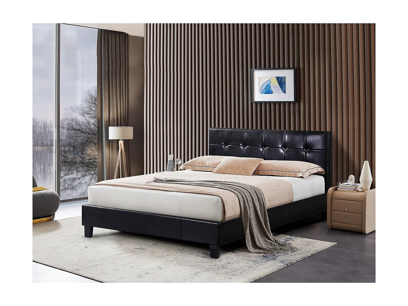 Łóżko podwójne z podwójnym PVC "Julia" - 140x190 cm - Czarne, zagłówek Capitonné, wykończenie błyszczące, dla dorosłych, rama listwowa 571309 - obrazek 1