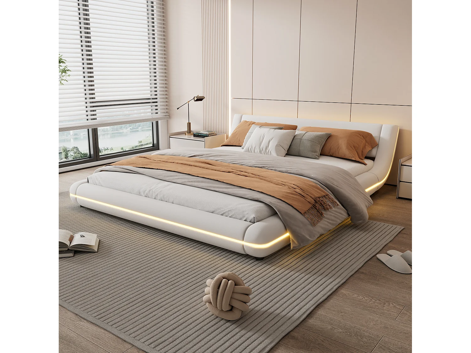 Łóżko podwójne 160 x 200 cm - Łóżko podłogowe - Skóra ekologiczna - Oświetlenie ambientowe LED z pilotem - Białe 4832264 - obrazek 1
