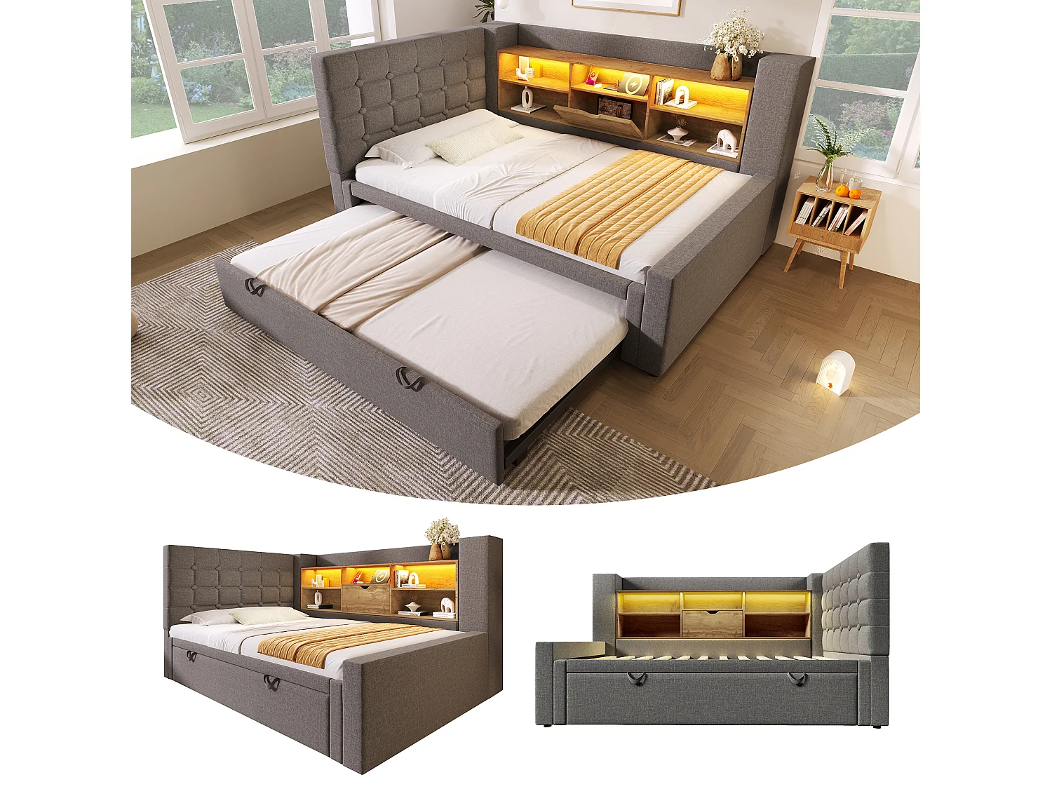 Łóżko tapicerowane 90 x 200 cm z wysuwaną sofą 90 x 190 cm - z oświetleniem LED + zagłówek ze schowkiem - len - szary 4832274 - obrazek 1