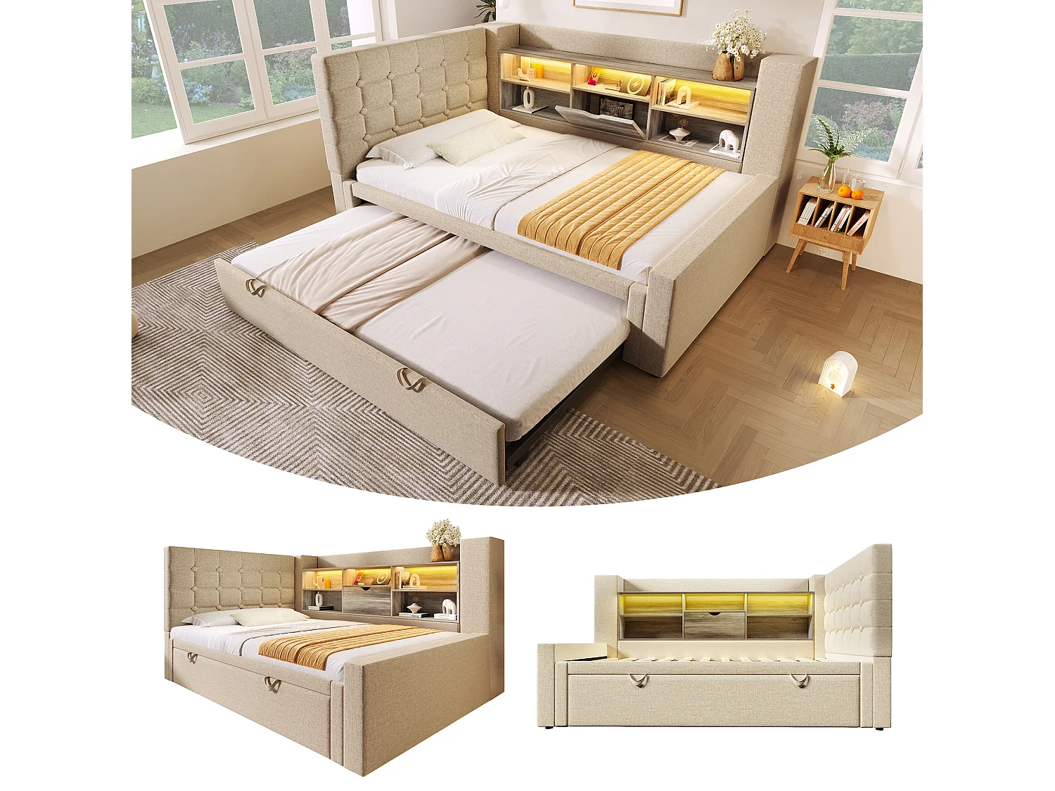 Łóżko tapicerowane 90 x 200 cm z wysuwaną sofą 90 x 190 cm - z oświetleniem LED + zagłówek ze schowkiem - len - beż 4832289 - obrazek 1