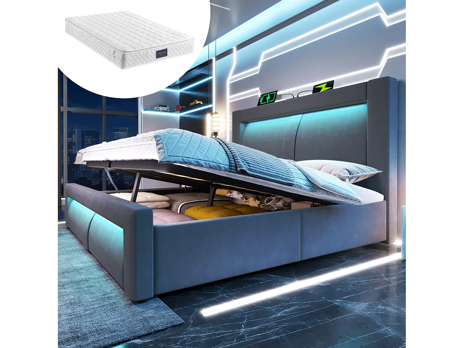 Łóżko podwójne ze schowkiem - 160 x 200 cm - z hydraulicznym stelażem + diody LED + USB + zaokrąglony zagłówek - welurowe - szare (z materacem) 4832394 - obrazek 1