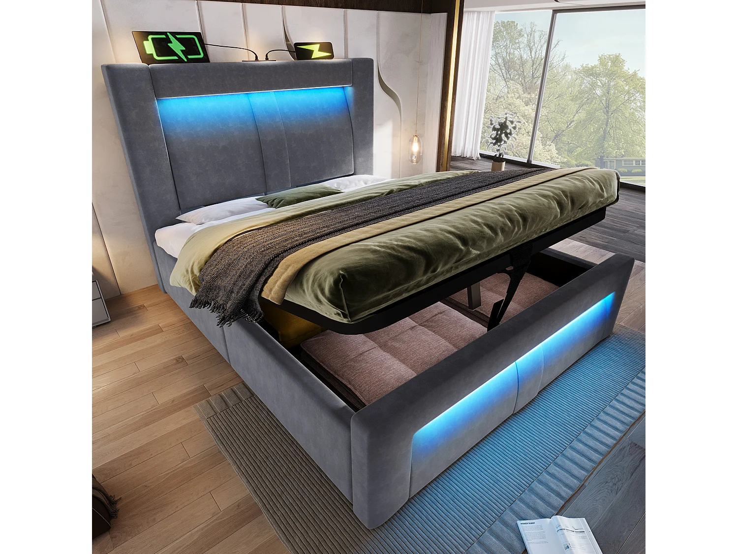 Łóżko pojedyncze z pojemnikiem na pościel - 90 x 200 cm - z hydraulicznym stelażem + diody LED + port USB + zaokrąglony zagłówek - aksamitne - szare 4832405 - obrazek 1