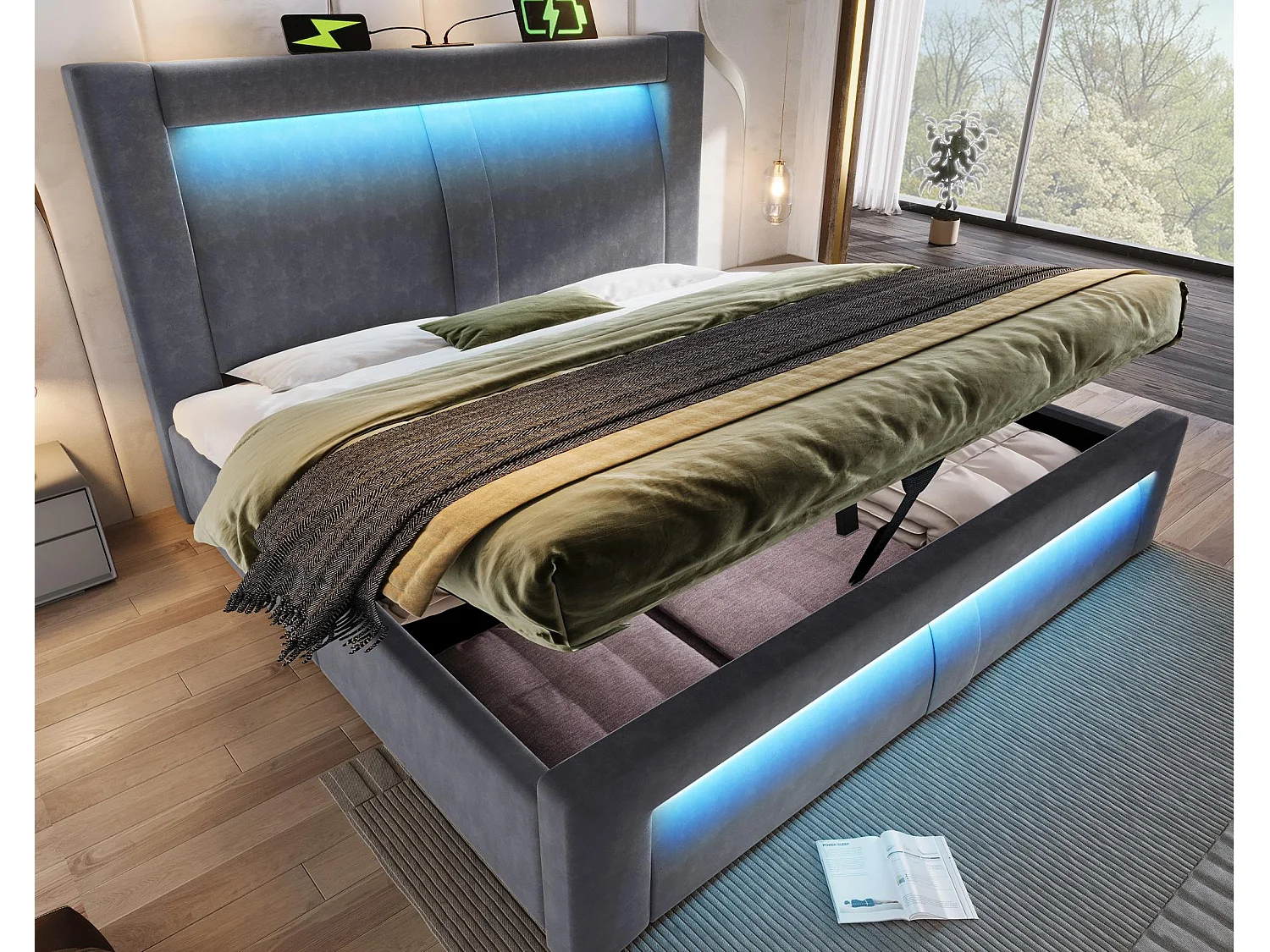 Łóżko tapicerowane ze schowkiem 180x200cm - z oświetleniem LED - z portami USB i Type-C - welur - Szary​ (bez materaca) 4832416 - obrazek 1