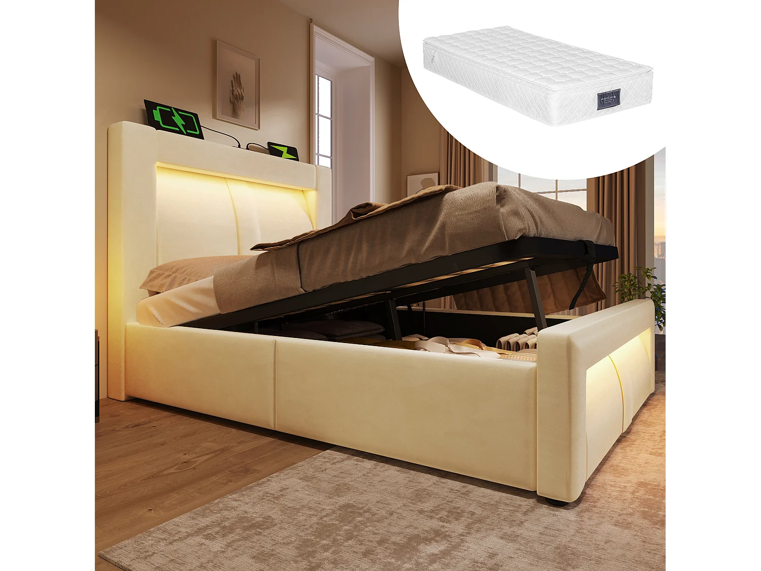 Łóżko pojedyncze z pojemnikiem na pościel - 90 x 200 cm - z hydraulicznym stelażem + diody LED + USB + zaokrąglony zagłówek - aksamitne - beżowe (z materacem) 4832414 - obrazek 1