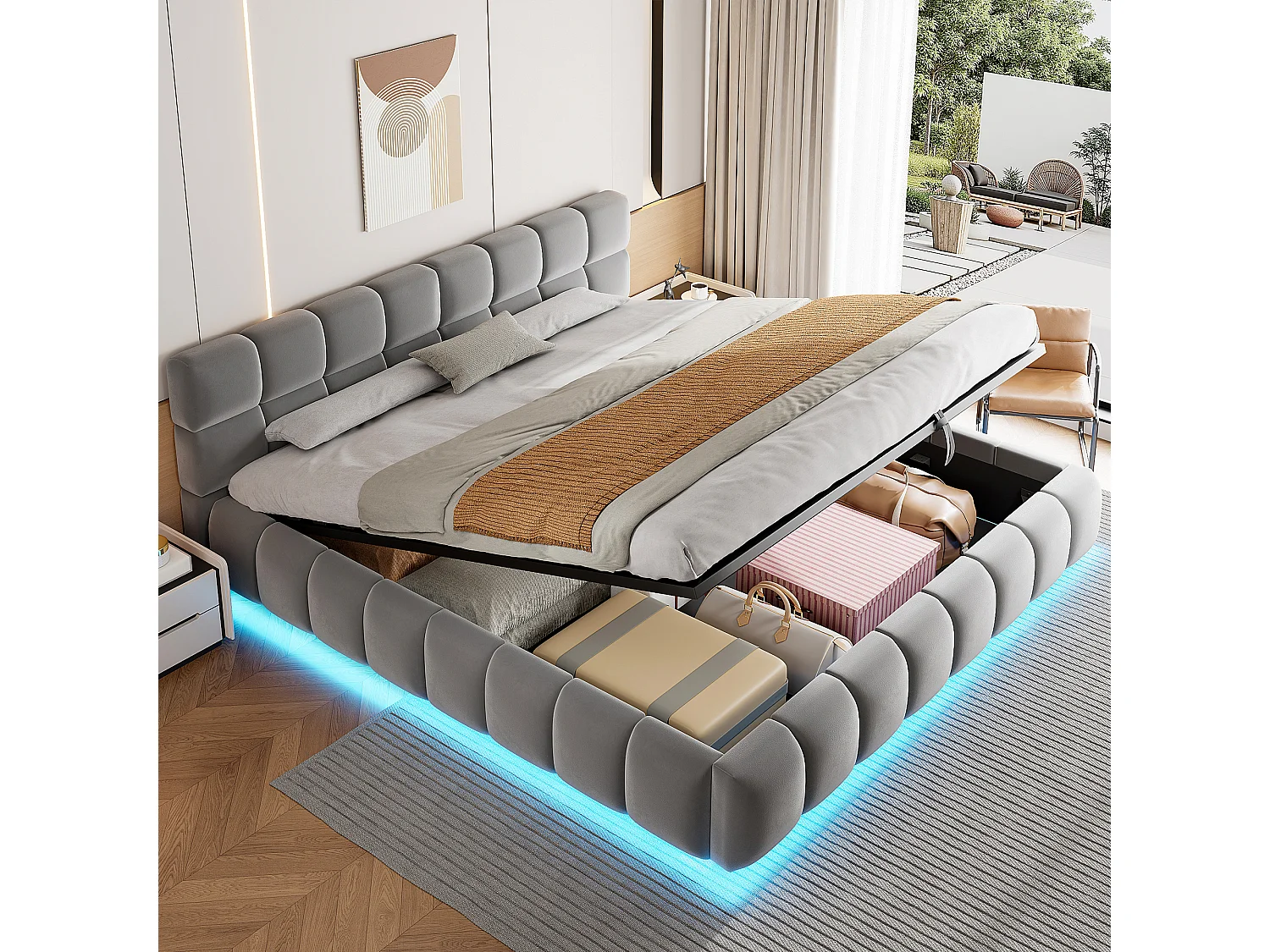 Łóżko tapicerowane dwuosobowe ze schowkiem - 180 x 200 cm - z oświetleniem LED + zagłówek + hydrauliczny schowek - welur - szary 4832411 - obrazek 1