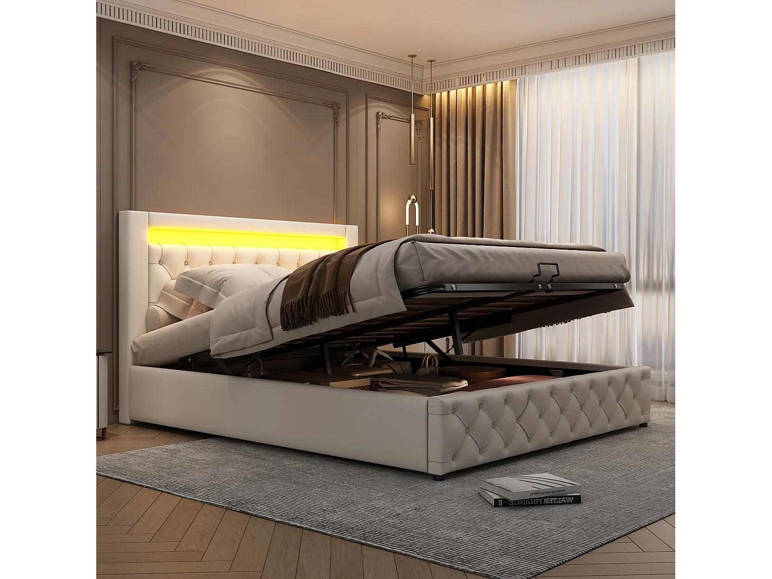 Łóżko tapicerowane ze schowkiem - 140 x 190 cm - ze stelażem listwowym + hydrauliczny schowek + diody LED - PU - białe 4832418 - obrazek 1