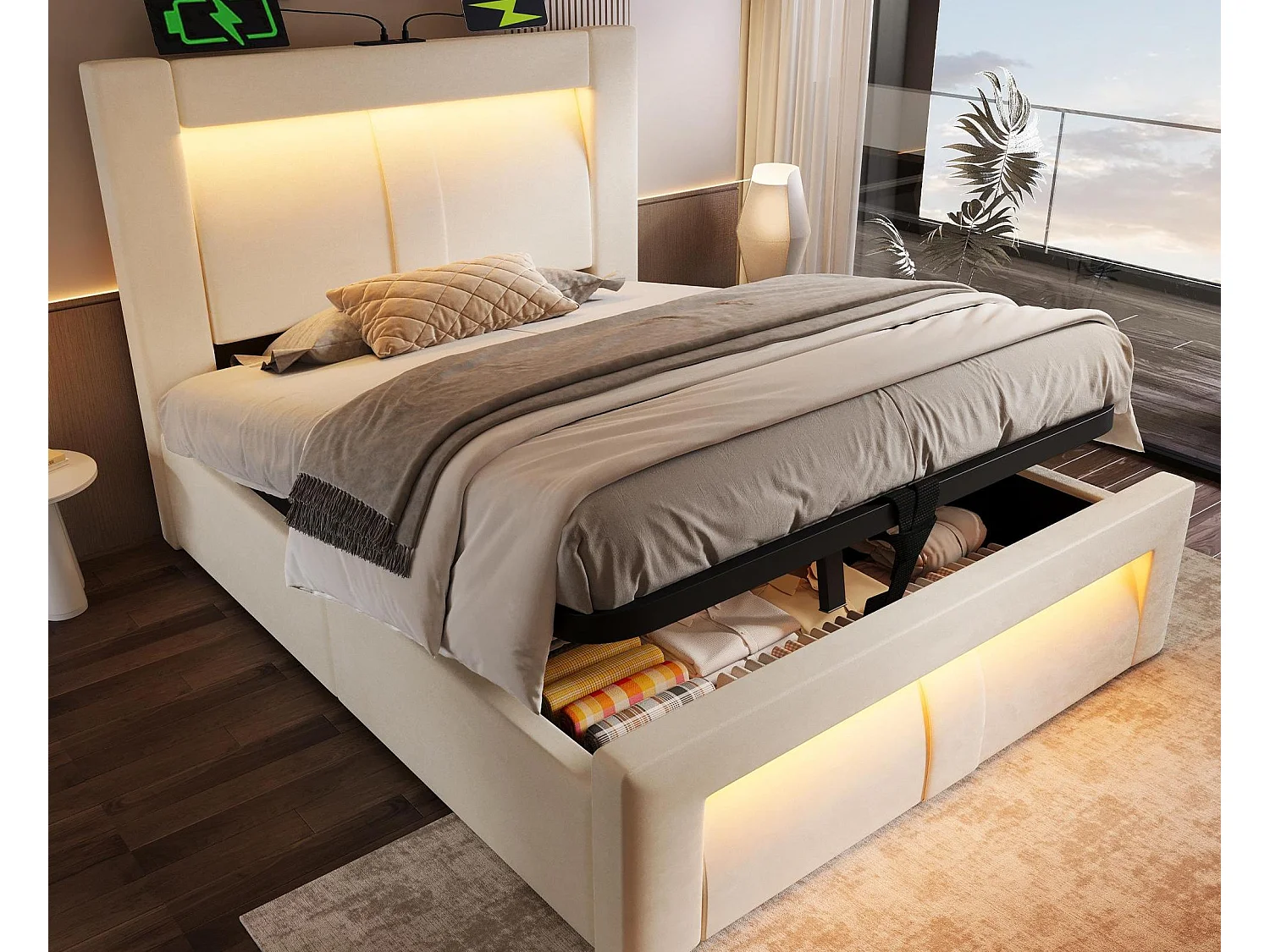 Łóżko tapicerowane ze schowkiem 90x200cm – z oświetleniem LED – z portami USB i Type-C – welur – Beżowy​ (bez materaca) 4832435