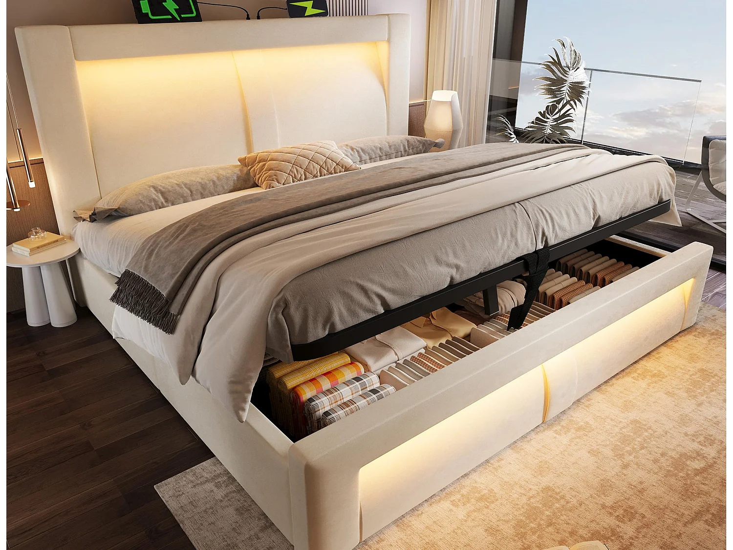 Łóżko tapicerowane ze schowkiem 160x200cm - z oświetleniem LED - z portami USB i Type-C - welur - Beżowy​ (bez materaca) 4832442 - obrazek 1
