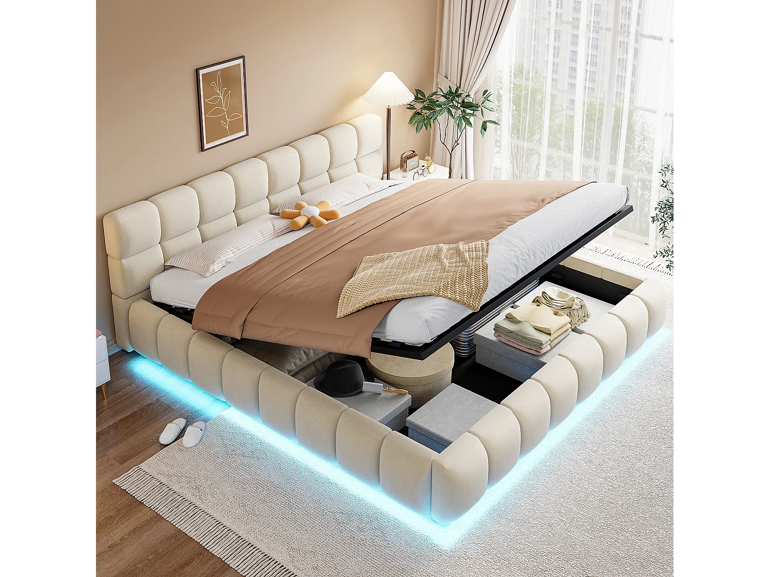 Łóżko tapicerowane dwuosobowe ze schowkiem – 180 x 200 cm – z oświetleniem LED + zagłówek + hydrauliczny schowek – welur – beż 4832437