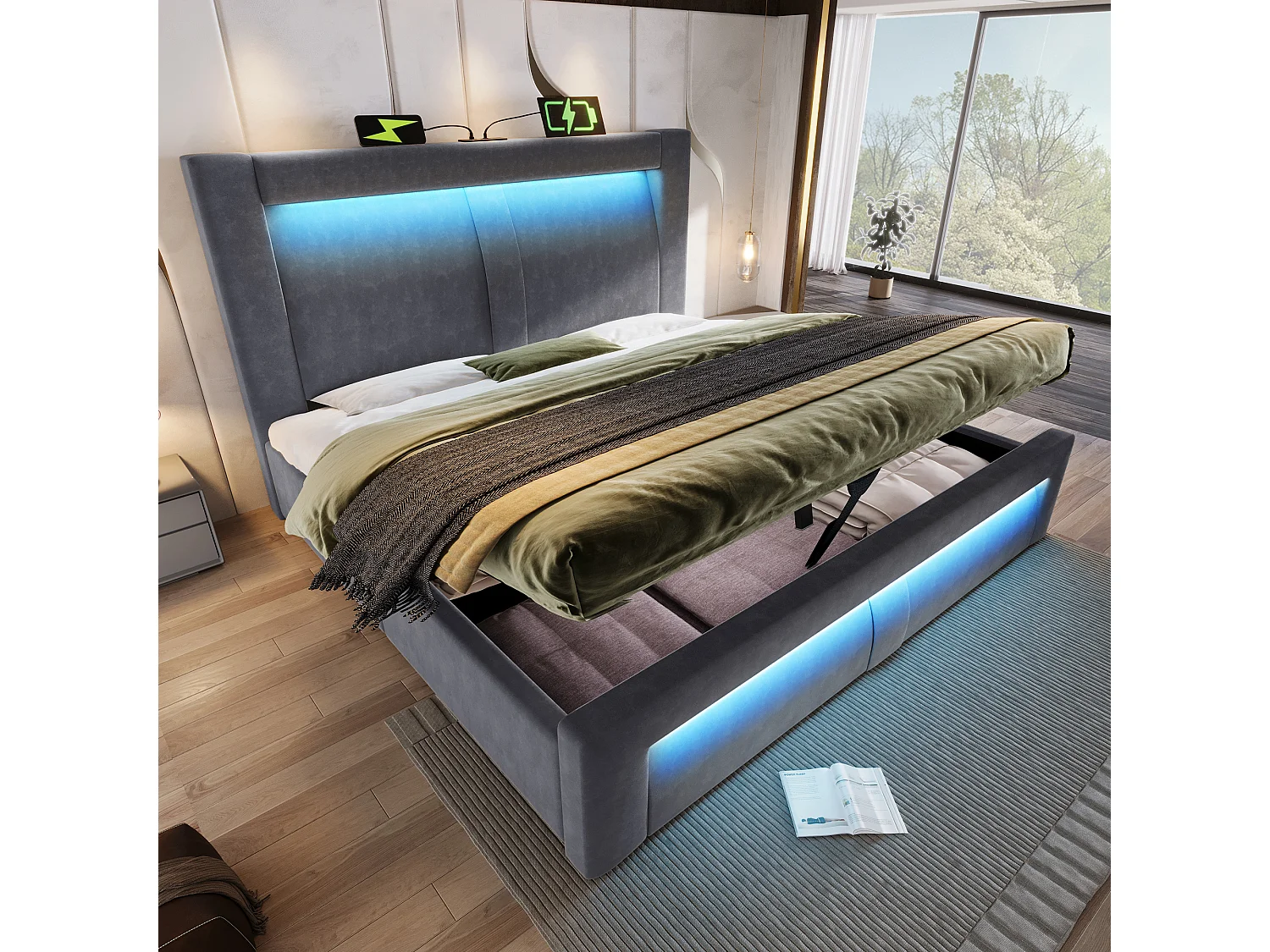 Łóżko podwójne ze schowkiem - 160 x 200 cm - z hydraulicznym stelażem + diody LED + port USB + zaokrąglony zagłówek - aksamitne - szare 4832453 - obrazek 1