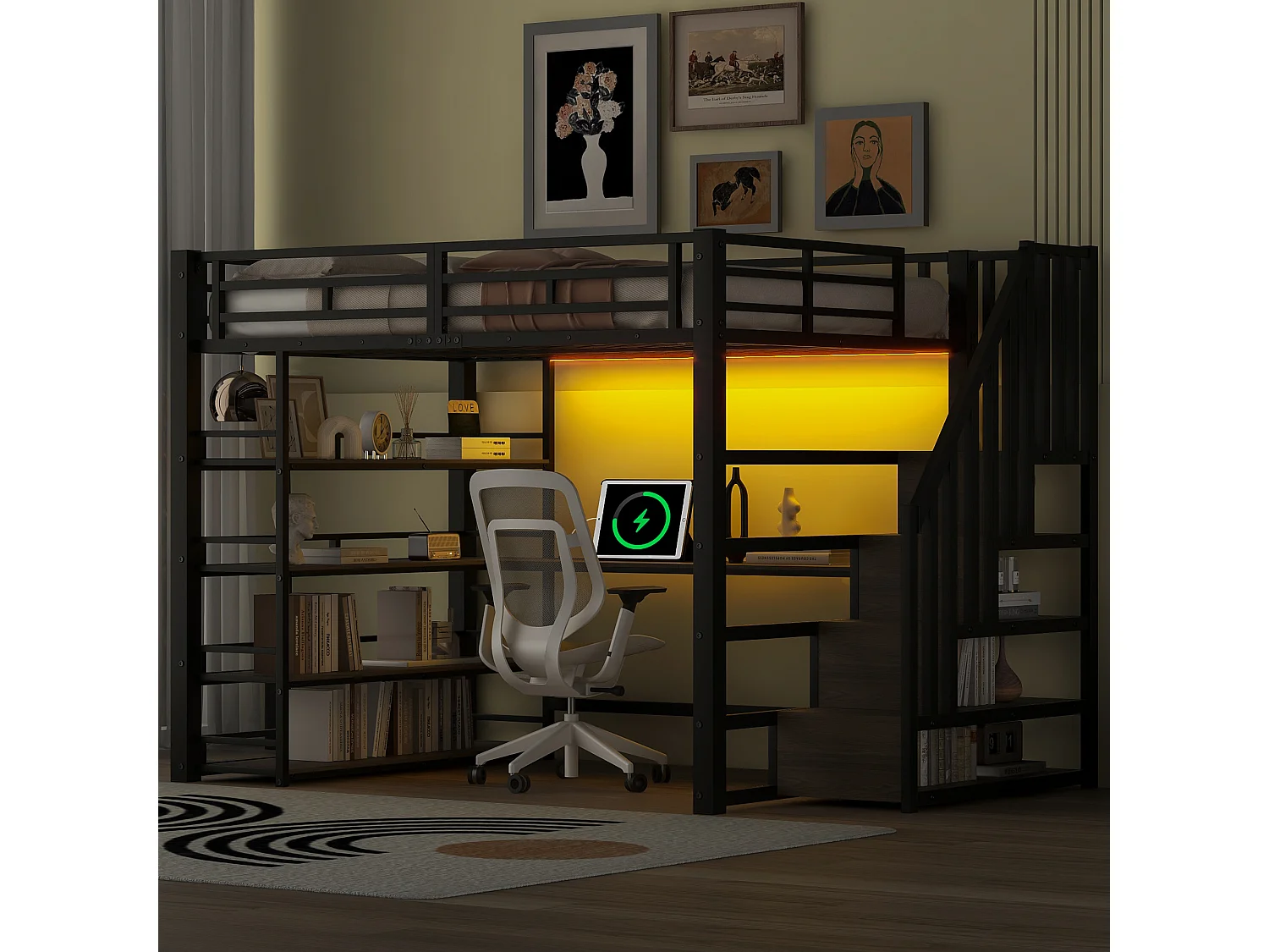 Łóżko piętrowe metalowe - 140 x 200 cm - z drabinką + biurko + półka + USB + diody LED - MDF + metal - czarne 4832463 - obrazek 1