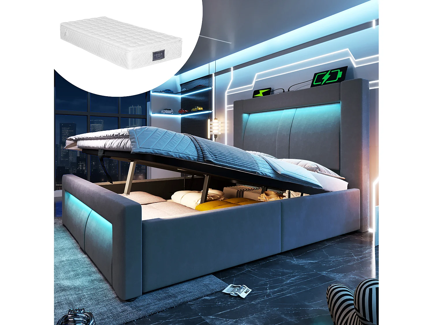 Łóżko pojedyncze z pojemnikiem na pościel - 90 x 200 cm - z hydraulicznym stelażem + diody LED + USB + zaokrąglony zagłówek - welurowe - szare (z materacem) 4832465 - obrazek 1