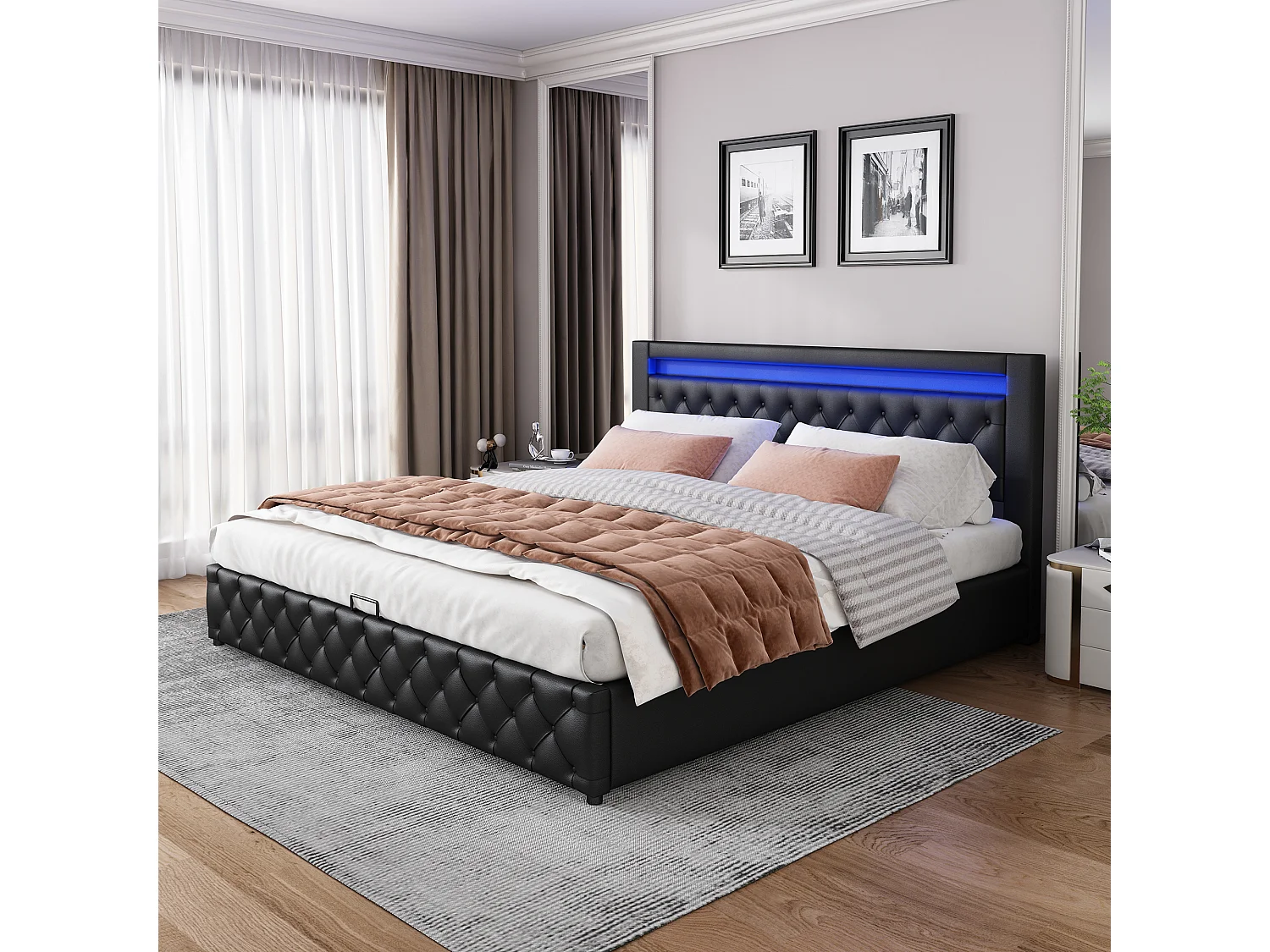 Łóżko tapicerowane ze schowkiem - 140 x 190 cm - ze stelażem listwowym + hydrauliczny schowek + diody LED - PU - czarne 4832490 - obrazek 1